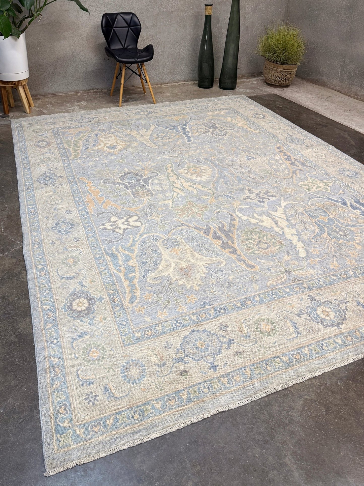 8x10 handmade transitional Bijar design rug in muted blue and gray tones with ivory, sage, wheat, and navy accents. Neutral, calming, and elegant—perfect for modern, coastal, or rustic home décor. Available from Indigo Rugs, a handmade rug shop in Burlingame, San Francisco Bay Area, CA. Free shipping in the U.S.