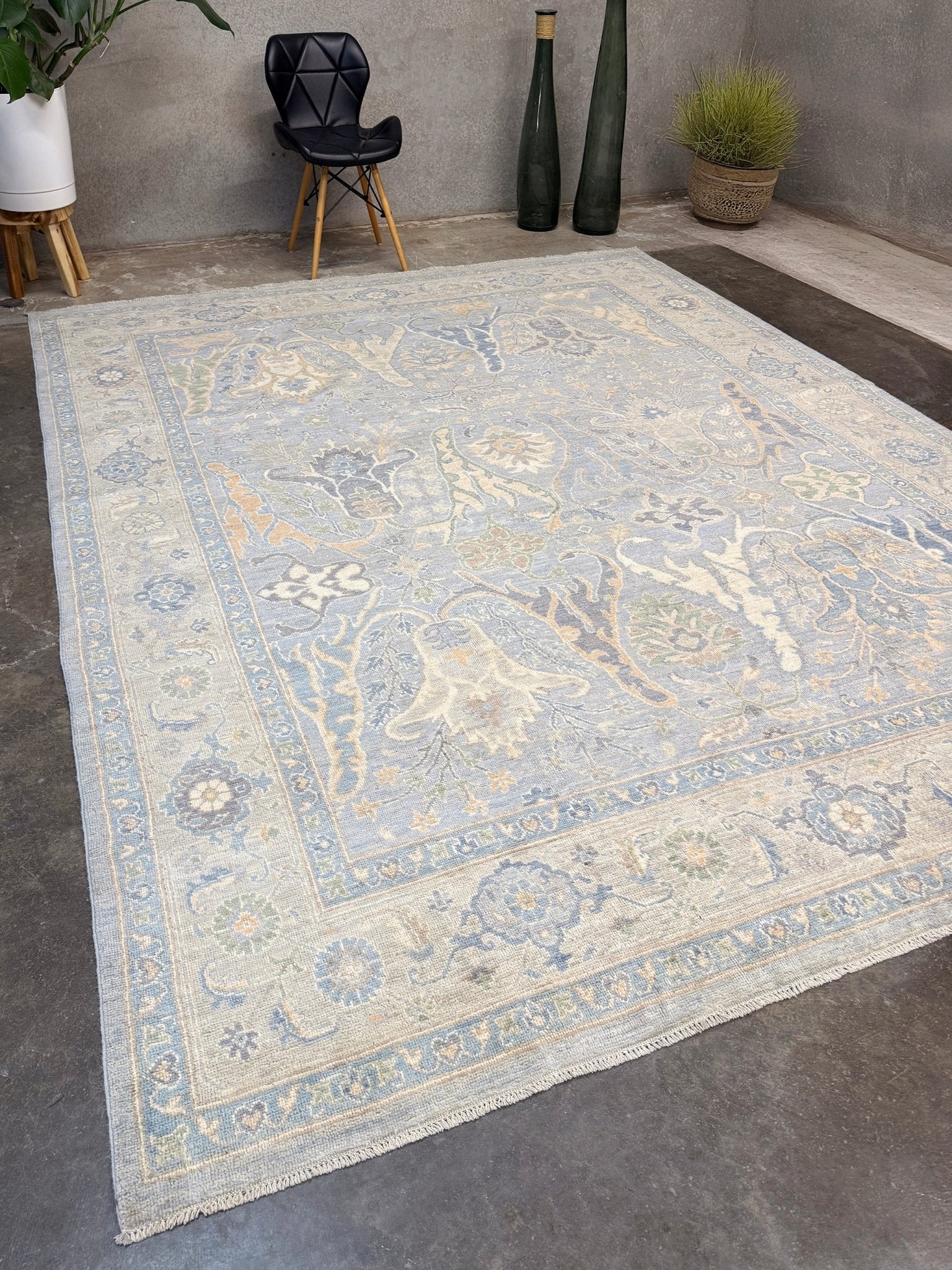 8x10 handmade transitional Bijar design rug in muted blue and gray tones with ivory, sage, wheat, and navy accents. Neutral, calming, and elegant—perfect for modern, coastal, or rustic home décor. Available from Indigo Rugs, a handmade rug shop in Burlingame, San Francisco Bay Area, CA. Free shipping in the U.S.