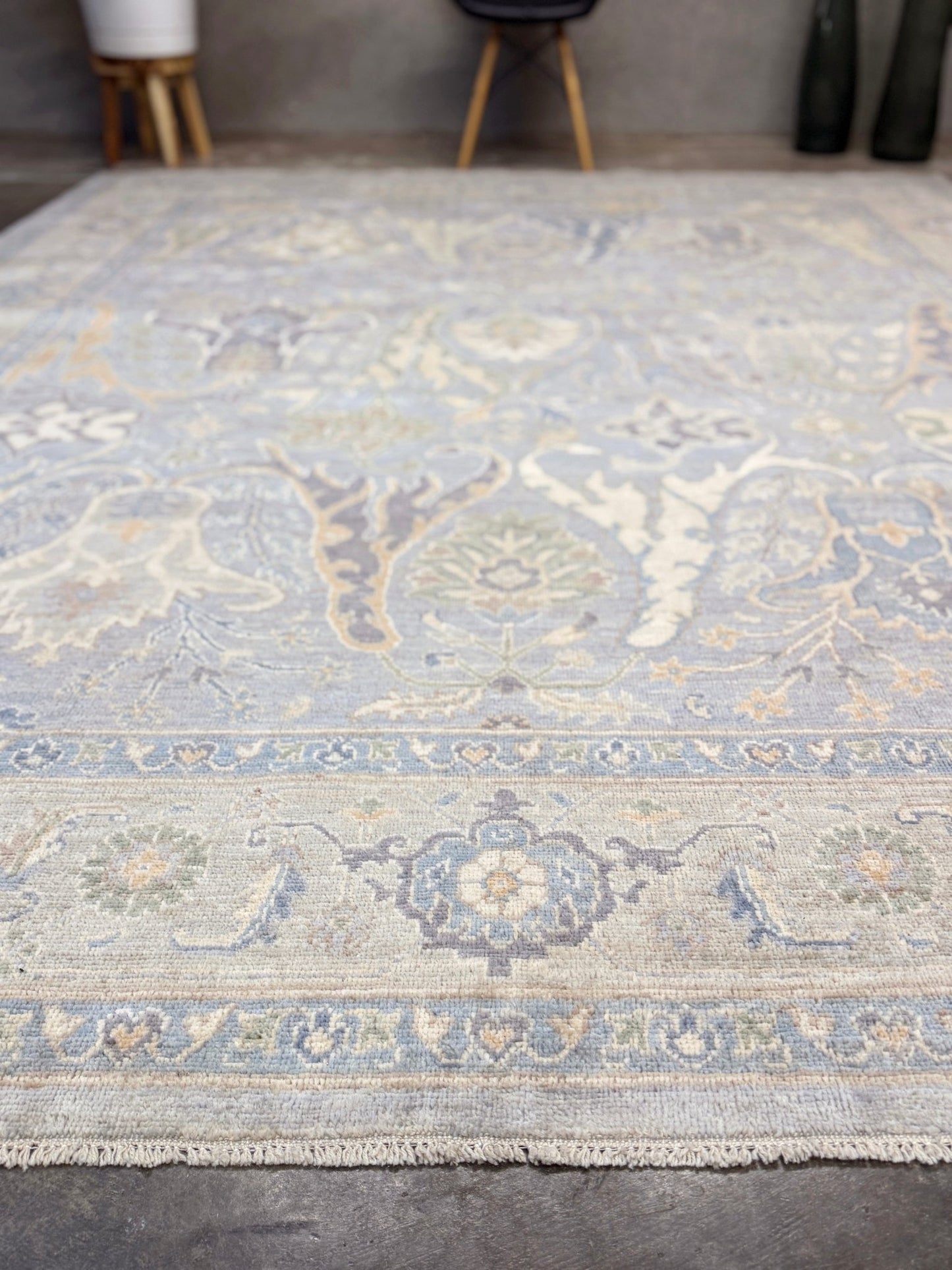 8x10 handmade transitional Bijar design rug in muted blue and gray tones with ivory, sage, wheat, and navy accents. Neutral, calming, and elegant—perfect for modern, coastal, or rustic home décor. Available from Indigo Rugs, a handmade rug shop in Burlingame, San Francisco Bay Area, CA. Free shipping in the U.S.