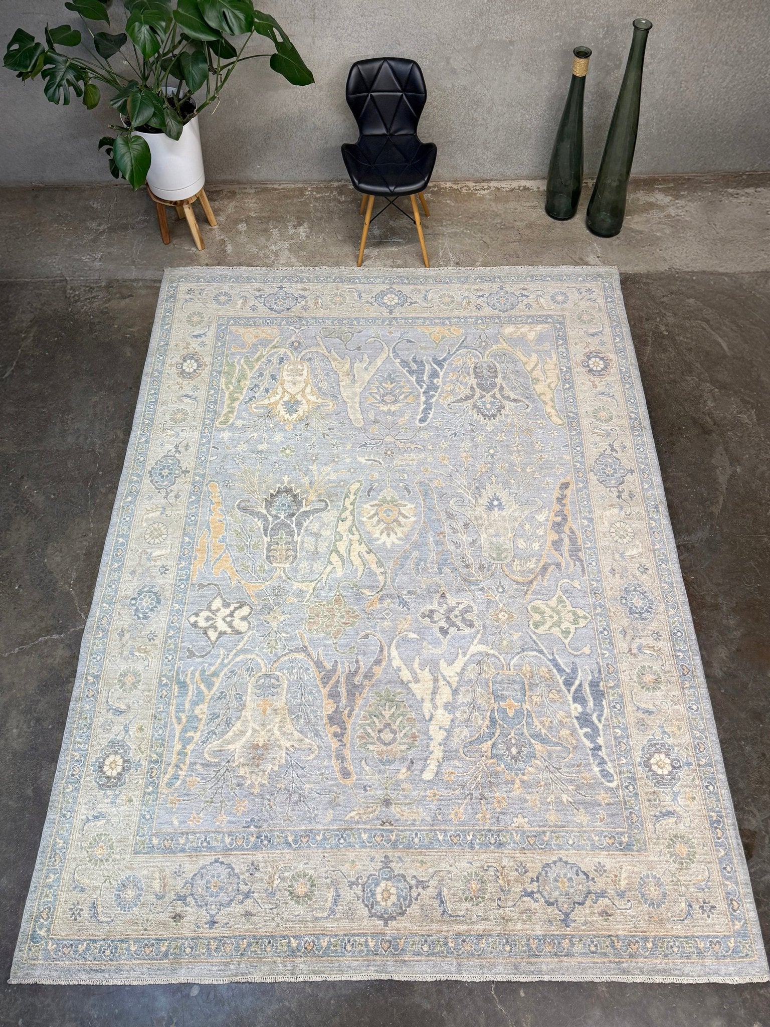 8x10 handmade transitional Bijar design rug in muted blue and gray tones with ivory, sage, wheat, and navy accents. Neutral, calming, and elegant—perfect for modern, coastal, or rustic home décor. Available from Indigo Rugs, a handmade rug shop in Burlingame, San Francisco Bay Area, CA. Free shipping in the U.S.