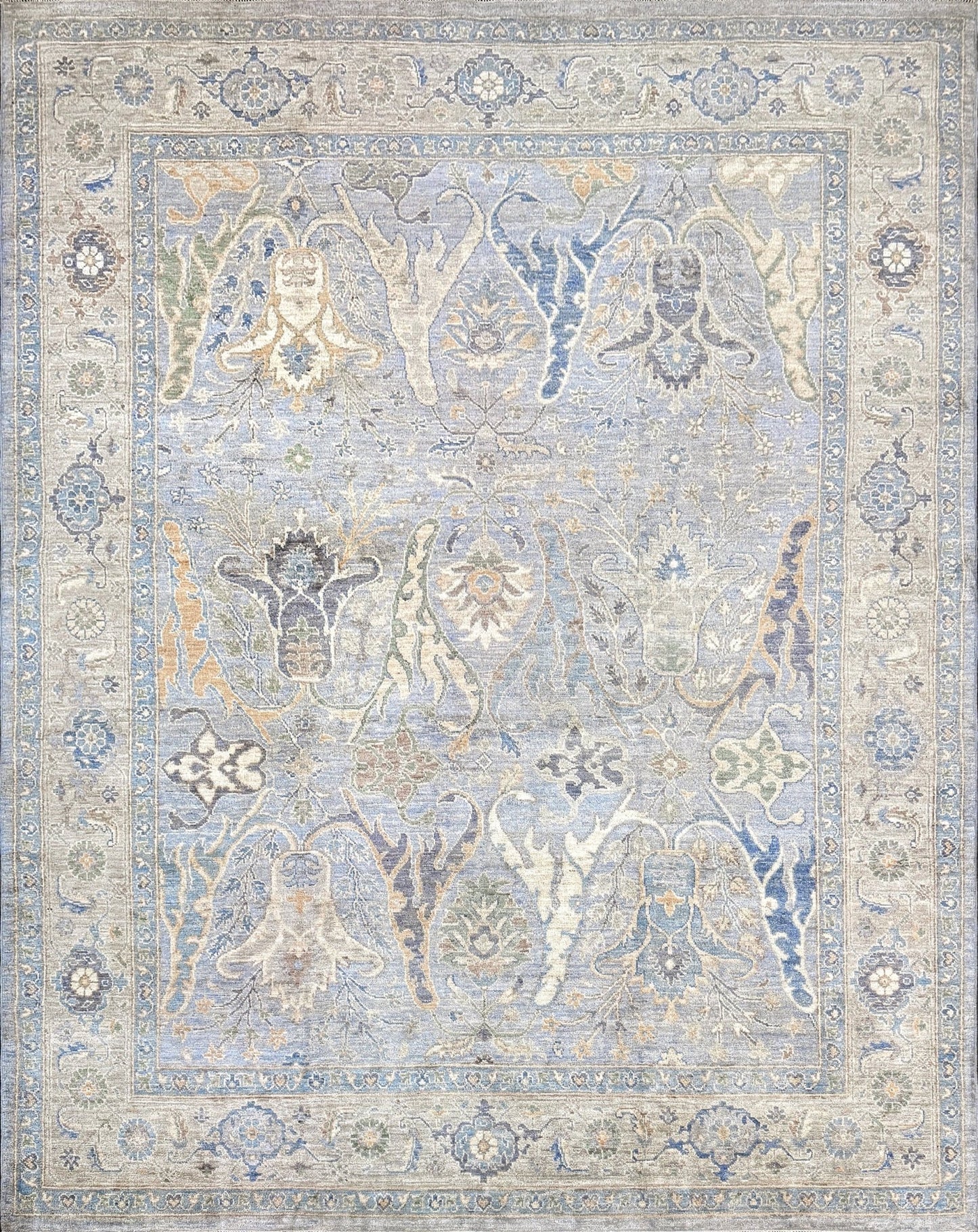 8x10 handmade transitional Bijar design rug in muted blue and gray tones with ivory, sage, wheat, and navy accents. Neutral, calming, and elegant—perfect for modern, coastal, or rustic home décor. Available from Indigo Rugs, a handmade rug shop in Burlingame, San Francisco Bay Area, CA. Free shipping in the U.S.