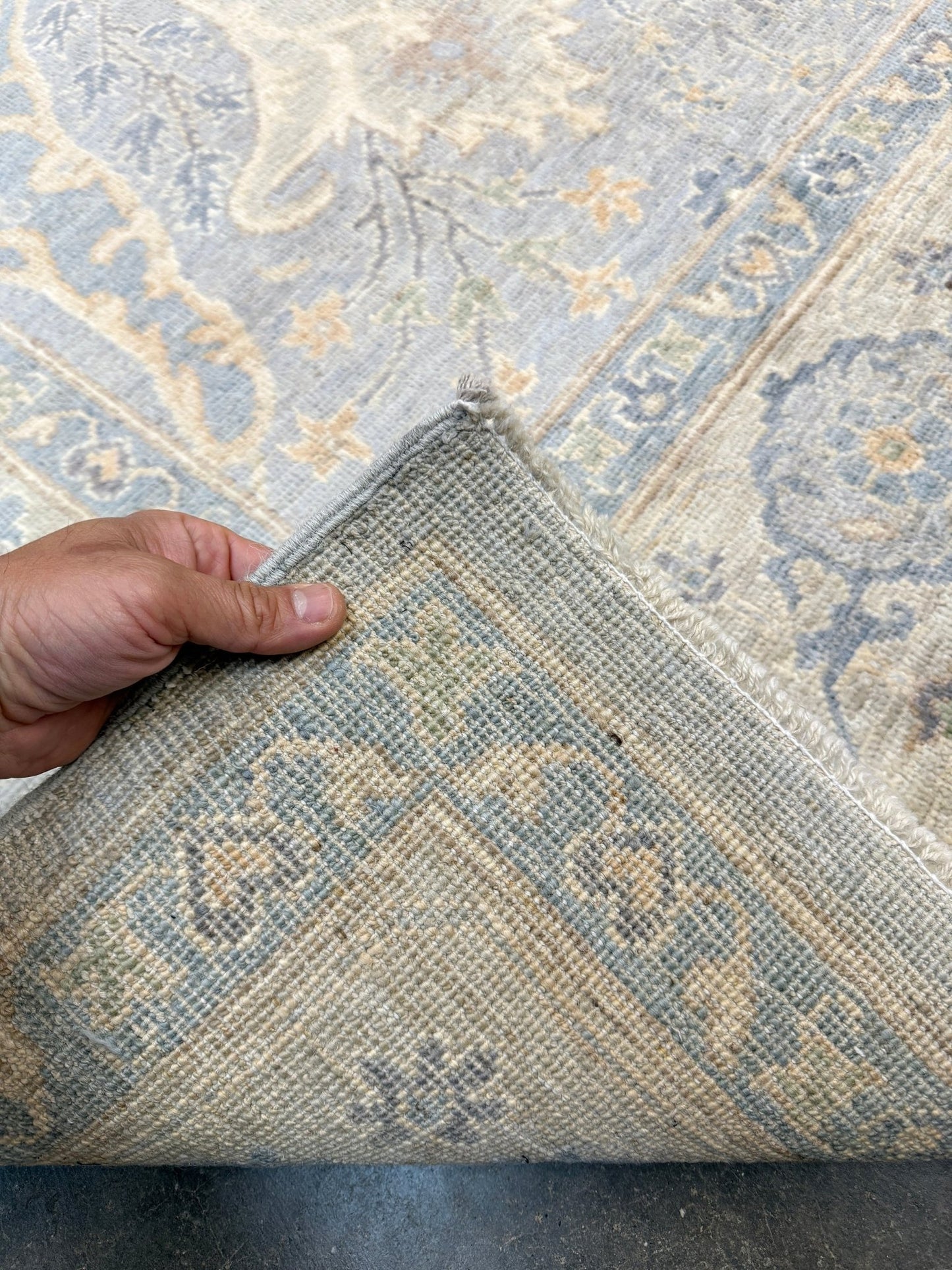 8x10 handmade transitional Bijar design rug in muted blue and gray tones with ivory, sage, wheat, and navy accents. Neutral, calming, and elegant—perfect for modern, coastal, or rustic home décor. Available from Indigo Rugs, a handmade rug shop in Burlingame, San Francisco Bay Area, CA. Free shipping in the U.S.