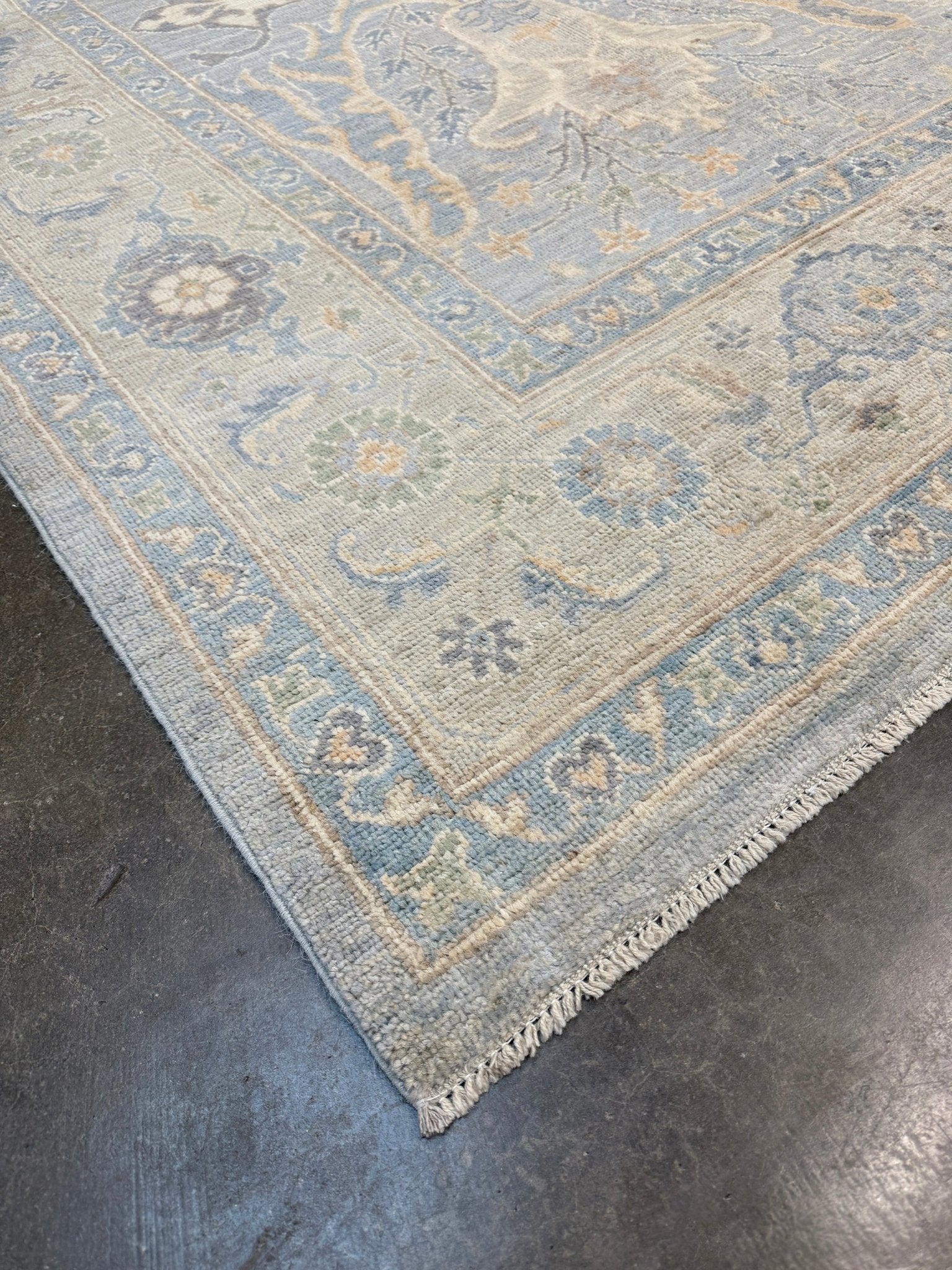 8x10 handmade transitional Bijar design rug in muted blue and gray tones with ivory, sage, wheat, and navy accents. Neutral, calming, and elegant—perfect for modern, coastal, or rustic home décor. Available from Indigo Rugs, a handmade rug shop in Burlingame, San Francisco Bay Area, CA. Free shipping in the U.S.