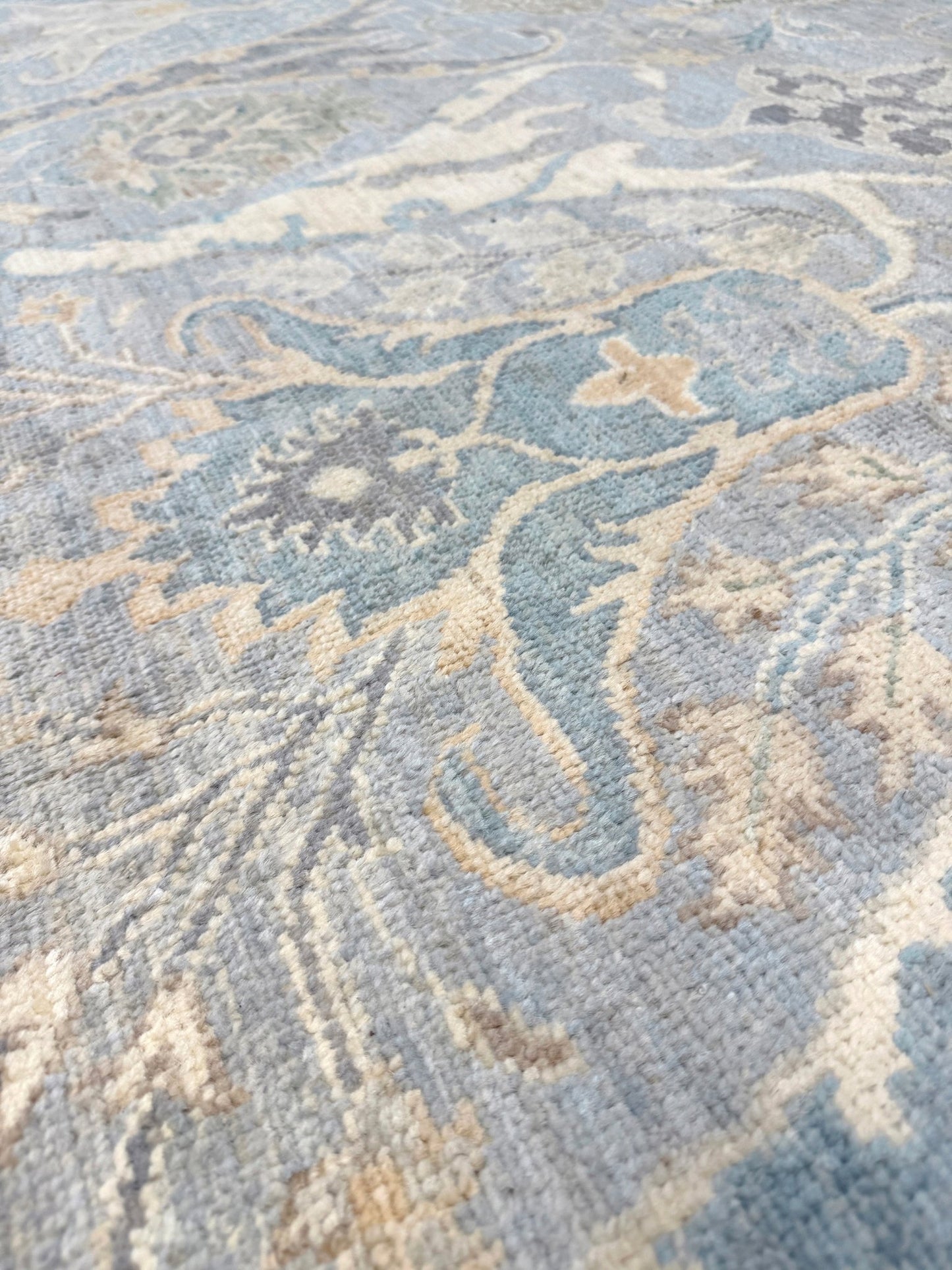 8x10 handmade transitional Bijar design rug in muted blue and gray tones with ivory, sage, wheat, and navy accents. Neutral, calming, and elegant—perfect for modern, coastal, or rustic home décor. Available from Indigo Rugs, a handmade rug shop in Burlingame, San Francisco Bay Area, CA. Free shipping in the U.S.