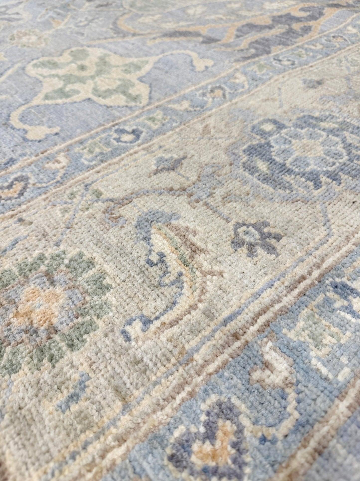 8x10 handmade transitional Bijar design rug in muted blue and gray tones with ivory, sage, wheat, and navy accents. Neutral, calming, and elegant—perfect for modern, coastal, or rustic home décor. Available from Indigo Rugs, a handmade rug shop in Burlingame, San Francisco Bay Area, CA. Free shipping in the U.S.