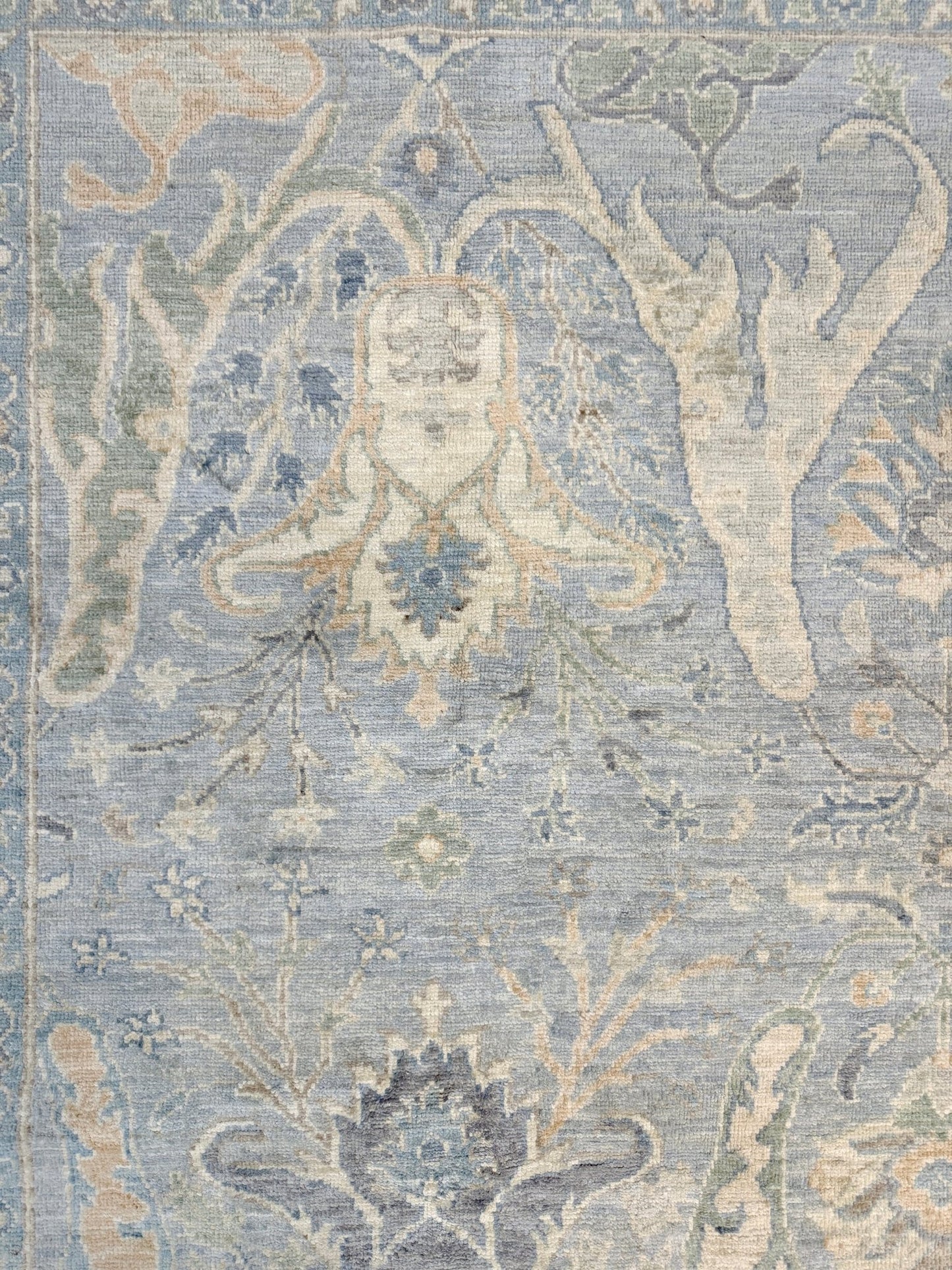 8x10 handmade transitional Bijar design rug in muted blue and gray tones with ivory, sage, wheat, and navy accents. Neutral, calming, and elegant—perfect for modern, coastal, or rustic home décor. Available from Indigo Rugs, a handmade rug shop in Burlingame, San Francisco Bay Area, CA. Free shipping in the U.S.