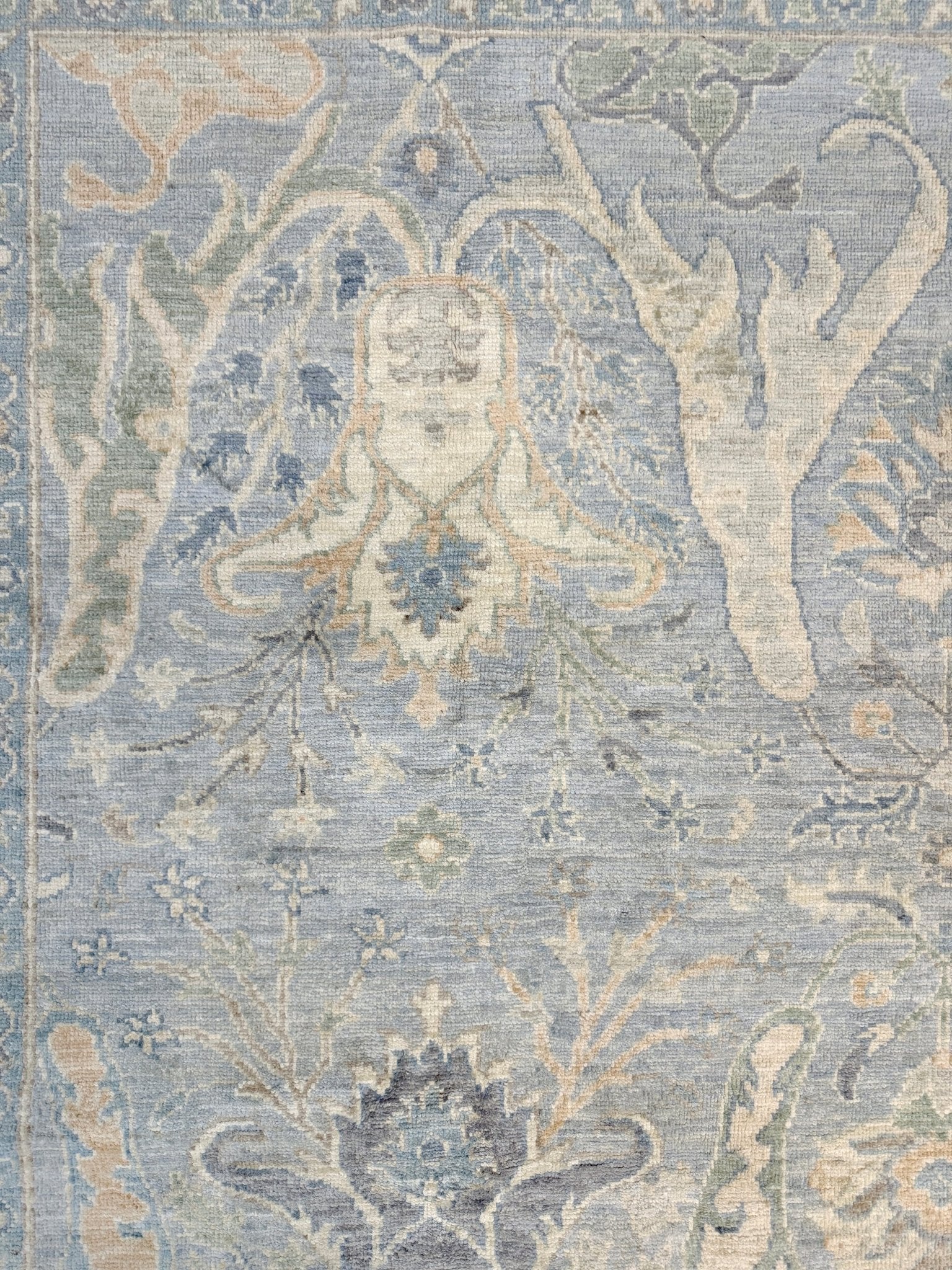 8x10 handmade transitional Bijar design rug in muted blue and gray tones with ivory, sage, wheat, and navy accents. Neutral, calming, and elegant—perfect for modern, coastal, or rustic home décor. Available from Indigo Rugs, a handmade rug shop in Burlingame, San Francisco Bay Area, CA. Free shipping in the U.S.