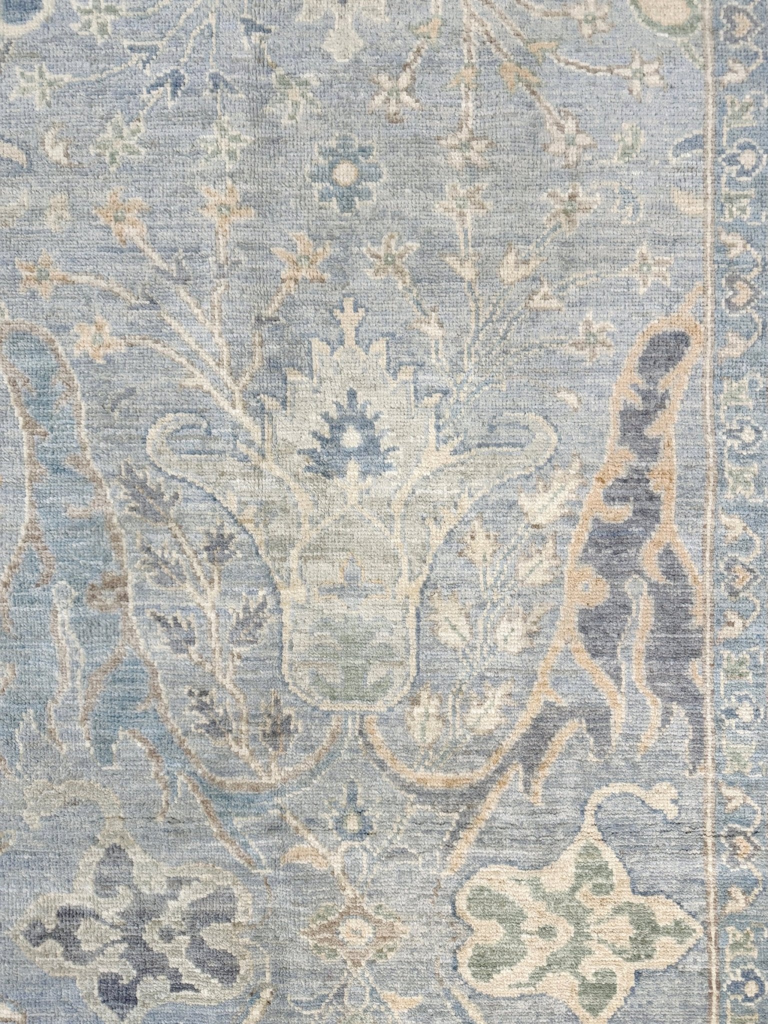 8x10 handmade transitional Bijar design rug in muted blue and gray tones with ivory, sage, wheat, and navy accents. Neutral, calming, and elegant—perfect for modern, coastal, or rustic home décor. Available from Indigo Rugs, a handmade rug shop in Burlingame, San Francisco Bay Area, CA. Free shipping in the U.S.