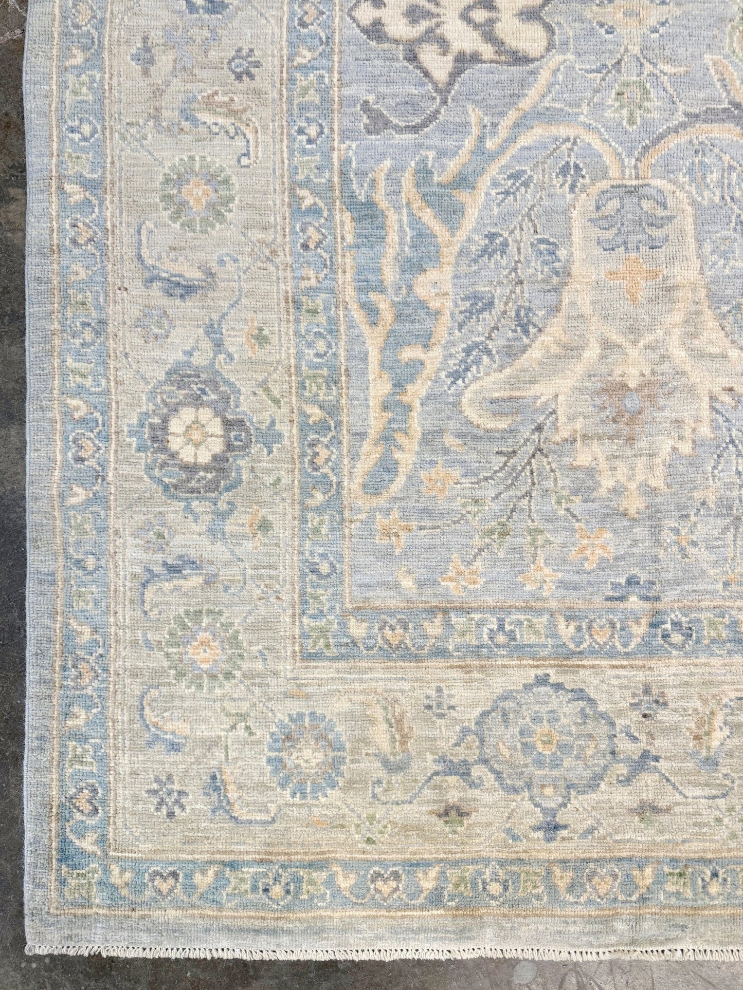 8x10 handmade transitional Bijar design rug in muted blue and gray tones with ivory, sage, wheat, and navy accents. Neutral, calming, and elegant—perfect for modern, coastal, or rustic home décor. Available from Indigo Rugs, a handmade rug shop in Burlingame, San Francisco Bay Area, CA. Free shipping in the U.S.