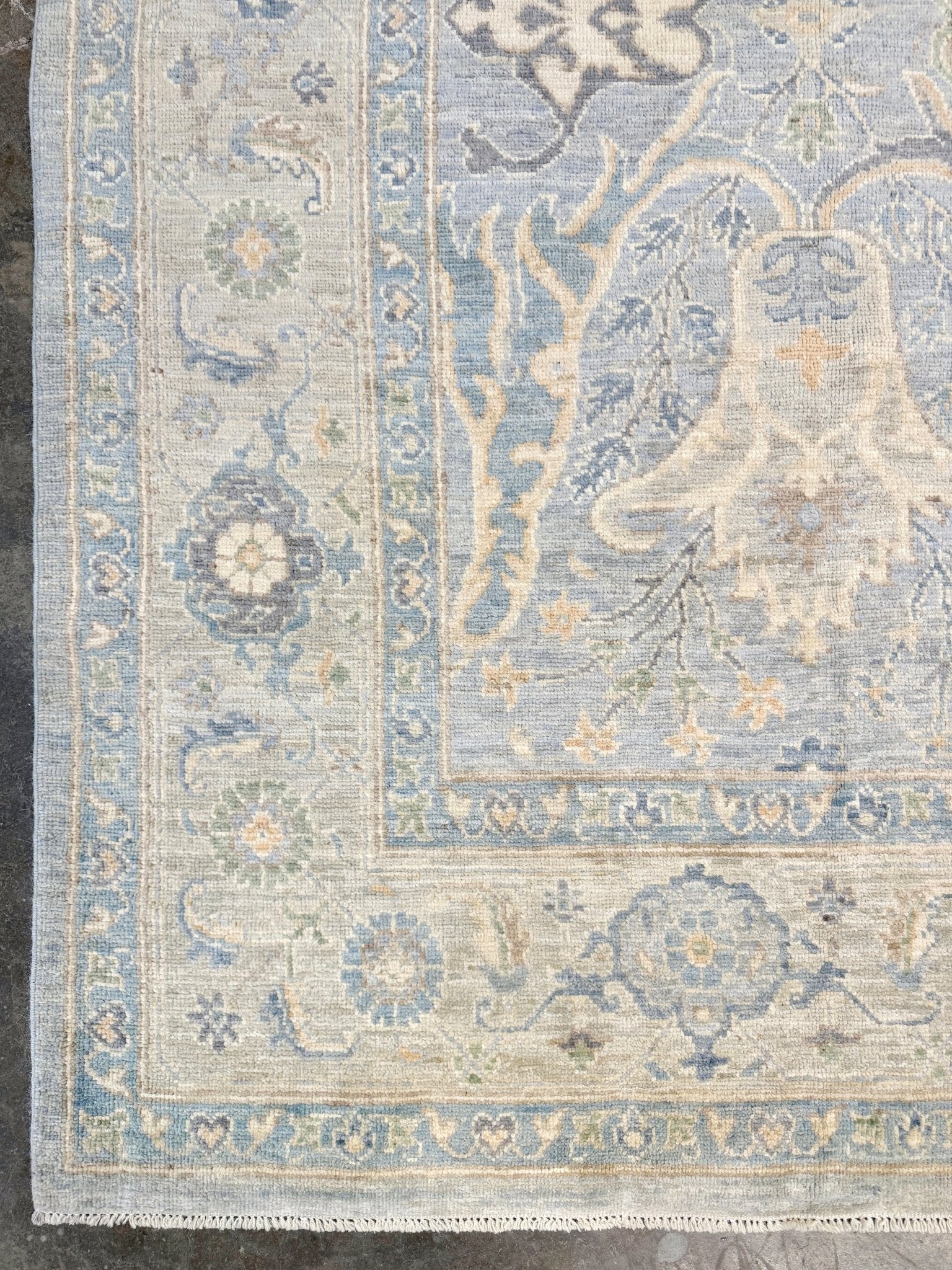 8x10 handmade transitional Bijar design rug in muted blue and gray tones with ivory, sage, wheat, and navy accents. Neutral, calming, and elegant—perfect for modern, coastal, or rustic home décor. Available from Indigo Rugs, a handmade rug shop in Burlingame, San Francisco Bay Area, CA. Free shipping in the U.S.