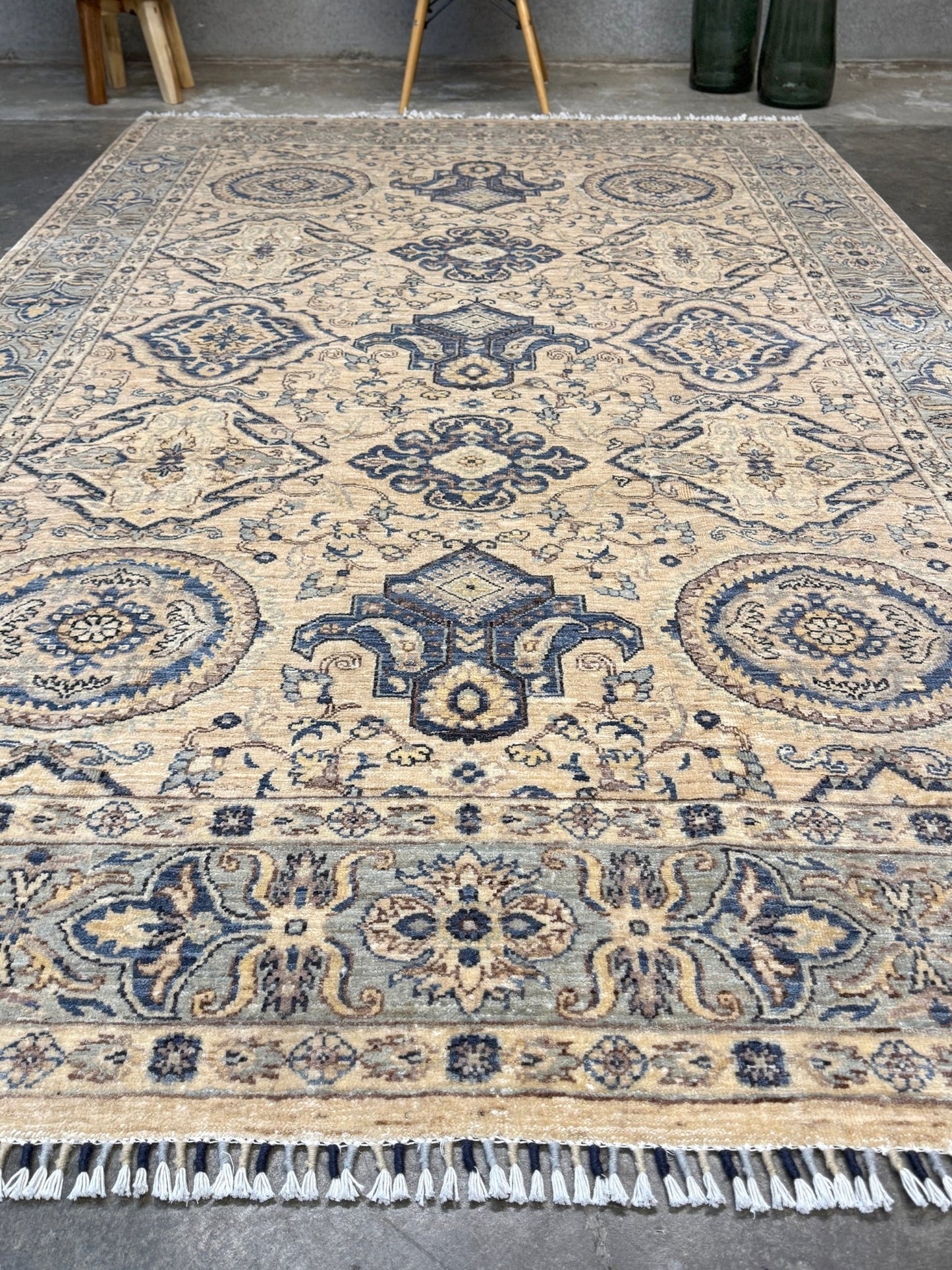 6x9 handmade transitional Ziegler Sultanabad Turkish rug in soft ivory, beige, and muted blue tones with a neutral, calming palette. Ideal for living rooms, dining rooms, and bedrooms in modern, rustic, or coastal décor. From a rug shop in Burlingame, San Francisco Bay Area, CA with free shipping.