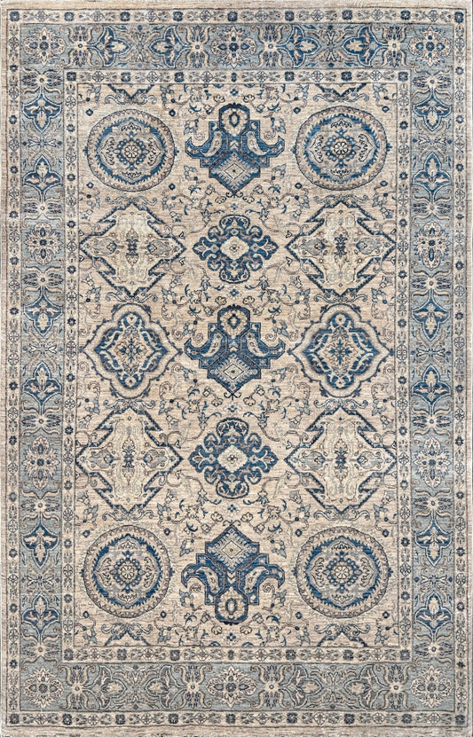6x9 handmade transitional Ziegler Sultanabad Turkish rug in soft ivory, beige, and muted blue tones with a neutral, calming palette. Ideal for living rooms, dining rooms, and bedrooms in modern, rustic, or coastal décor. From a rug shop in Burlingame, San Francisco Bay Area, CA with free shipping.