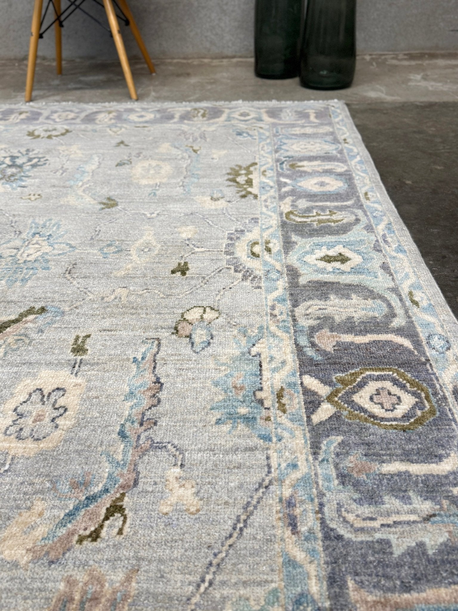 Handmade transitional 6x9 Turkish Oushak rug in silvery gray, powder blue, ivory, olive green, and muted lavender. Perfect for coastal, farmhouse, or light modern interiors — available at Indigo Rugs, Burlingame CA. Free Shipping