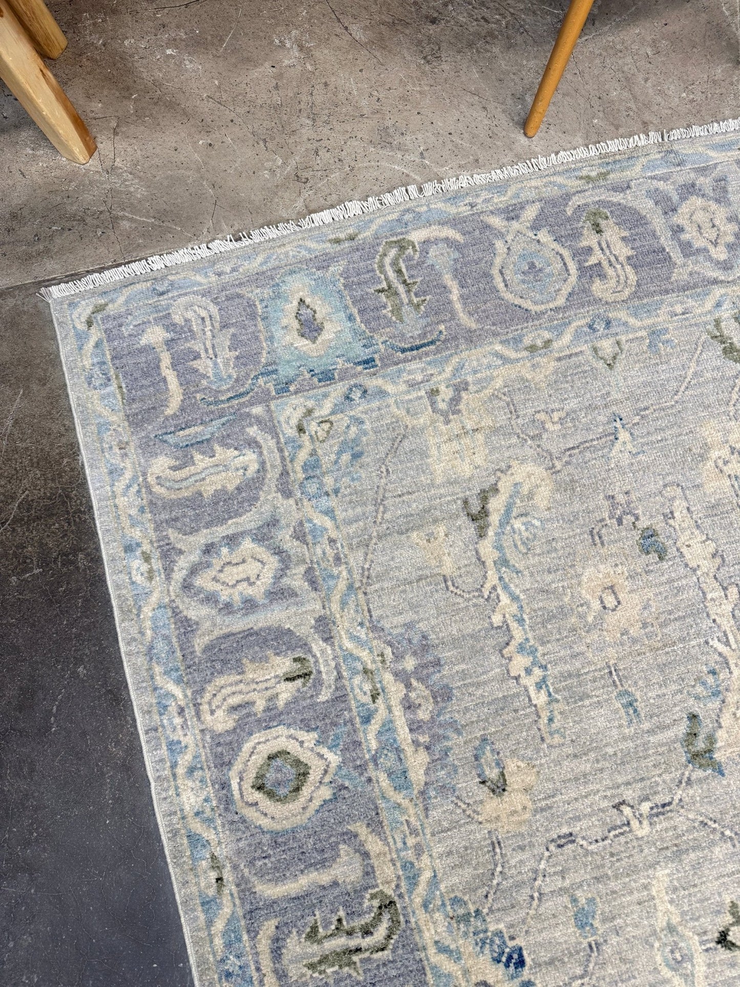 Handmade transitional 6x9 Turkish Oushak rug in silvery gray, powder blue, ivory, olive green, and muted lavender. Perfect for coastal, farmhouse, or light modern interiors — available at Indigo Rugs, Burlingame CA. Free Shipping