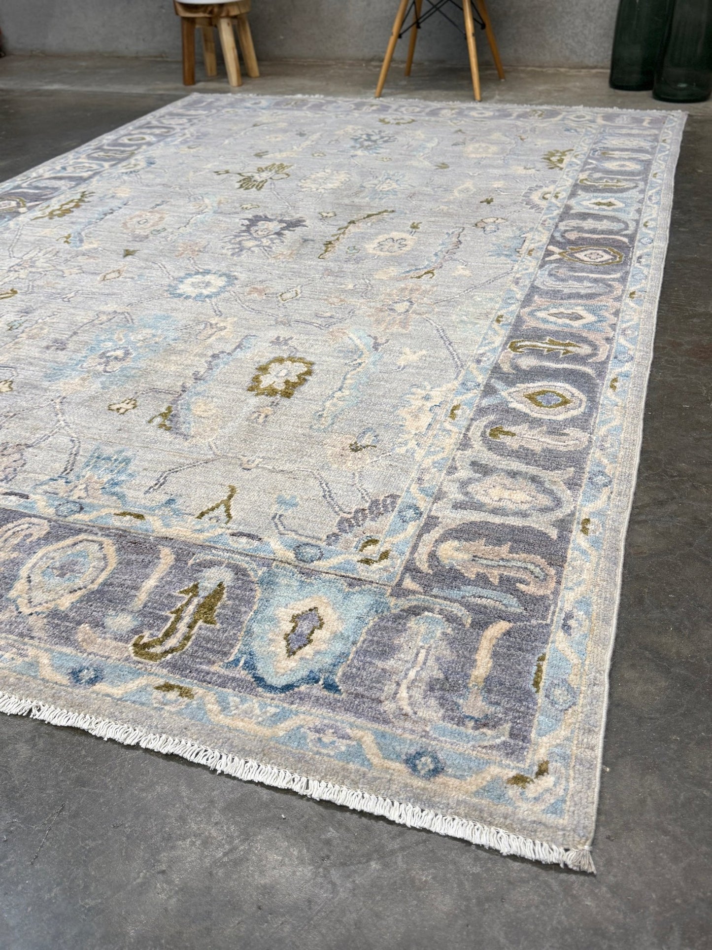 Handmade transitional 6x9 Turkish Oushak rug in silvery gray, powder blue, ivory, olive green, and muted lavender. Perfect for coastal, farmhouse, or light modern interiors — available at Indigo Rugs, Burlingame CA. Free Shipping