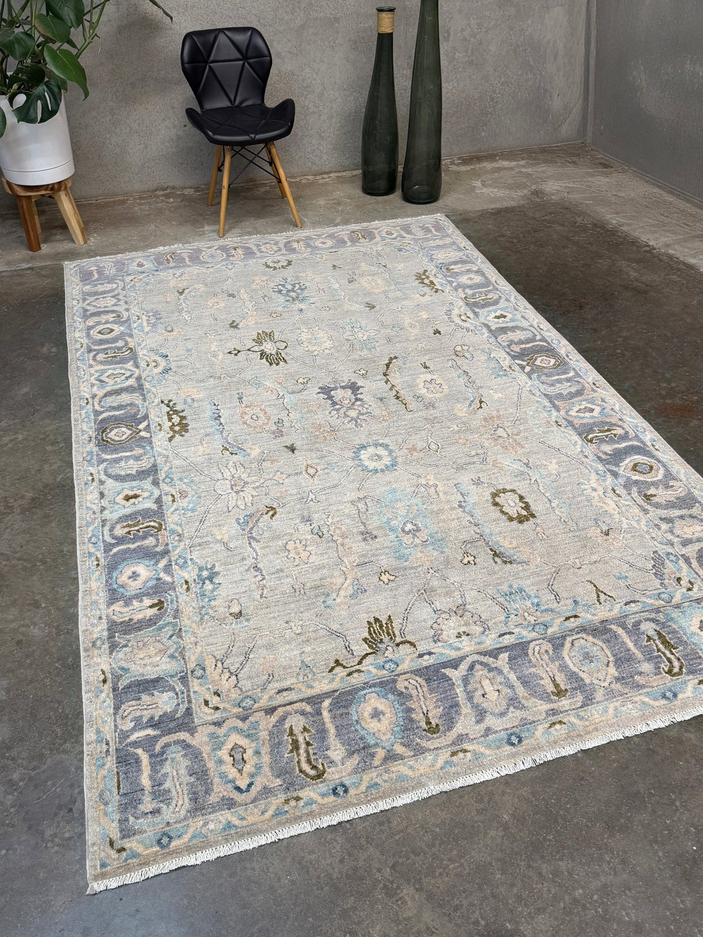 Handmade transitional 6x9 Turkish Oushak rug in silvery gray, powder blue, ivory, olive green, and muted lavender. Perfect for coastal, farmhouse, or light modern interiors — available at Indigo Rugs, Burlingame CA. Free Shipping