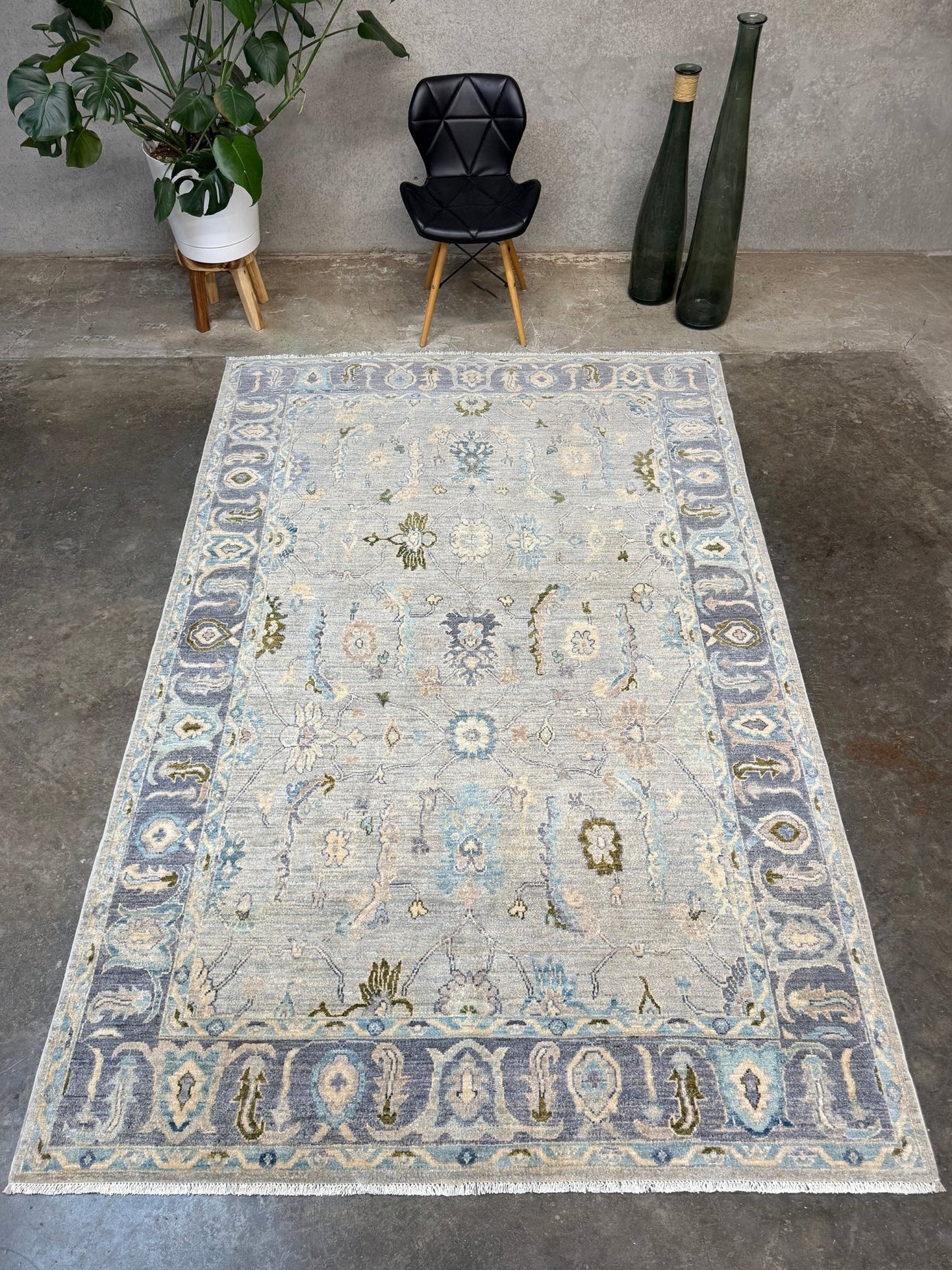 Handmade transitional 6x9 Turkish Oushak rug in silvery gray, powder blue, ivory, olive green, and muted lavender. Perfect for coastal, farmhouse, or light modern interiors — available at Indigo Rugs, Burlingame CA. Free Shipping