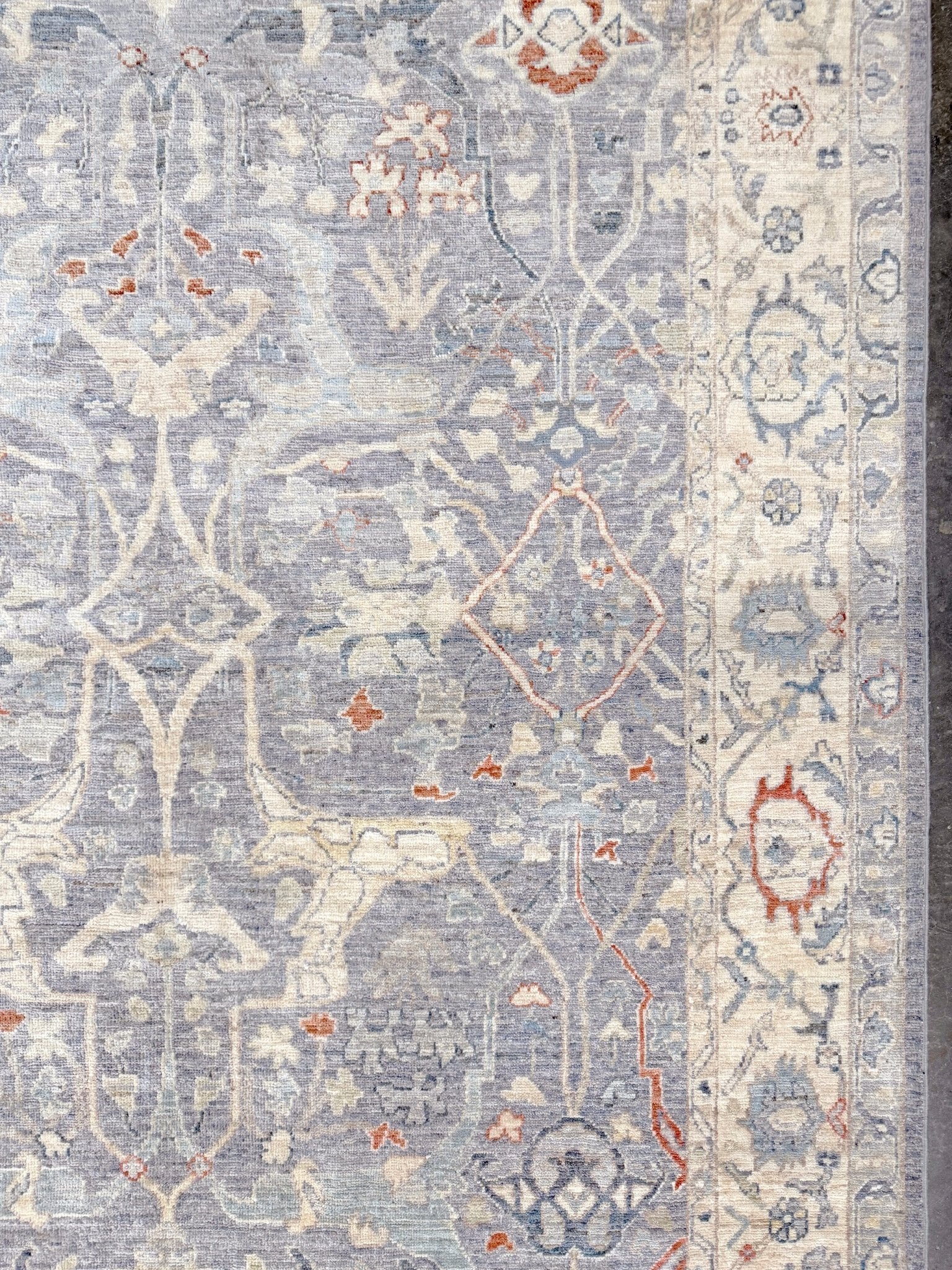 Neutral Handmade 6x9 Arabesque Bijar Persian rug in silvery gray with blue undertone, ivory vines, muted blue details, terracotta and rust highlights, and muted midnight blue outlines – transitional Persian wool rug for living room bedroom dining. Free shipping