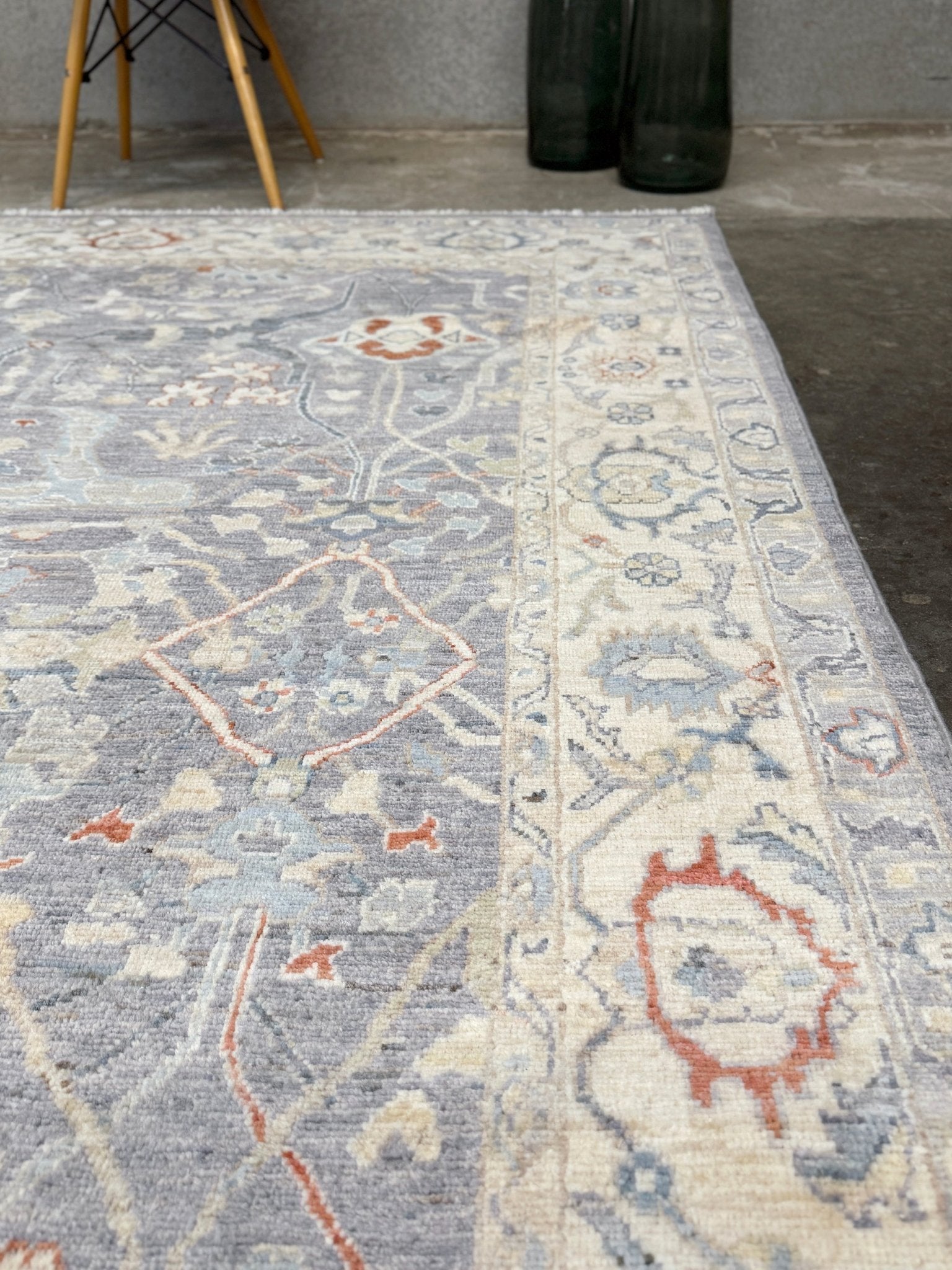 Neutral Handmade 6x9 Arabesque Bijar Persian rug in silvery gray with blue undertone, ivory vines, muted blue details, terracotta and rust highlights, and muted midnight blue outlines – transitional Persian wool rug for living room bedroom dining. Free shipping
