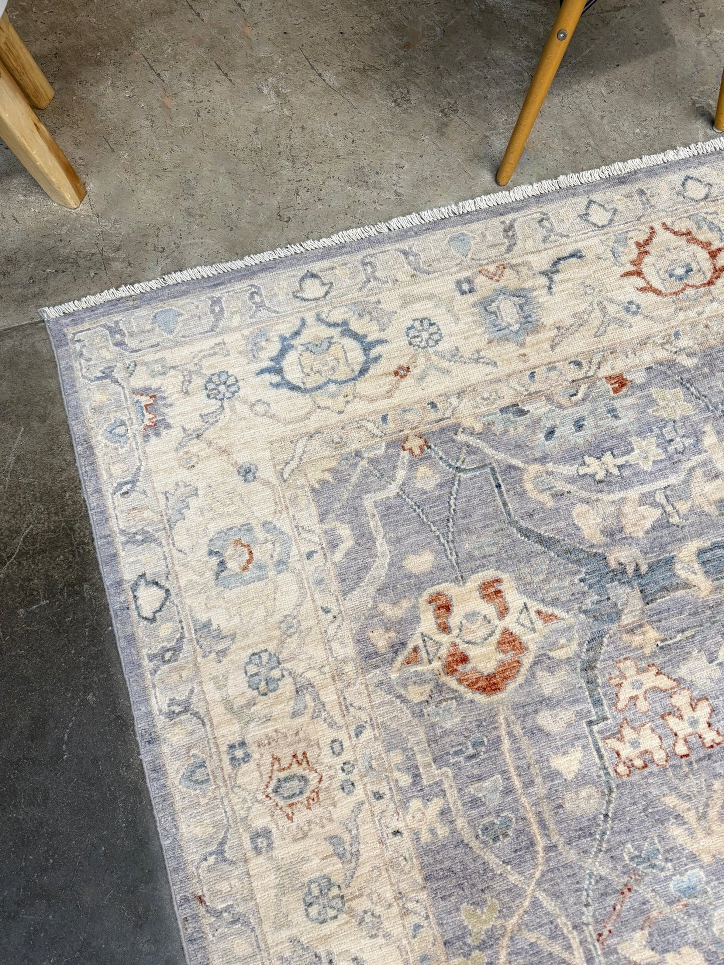 Neutral Handmade 6x9 Arabesque Bijar Persian rug in silvery gray with blue undertone, ivory vines, muted blue details, terracotta and rust highlights, and muted midnight blue outlines – transitional Persian wool rug for living room bedroom dining. Free shipping