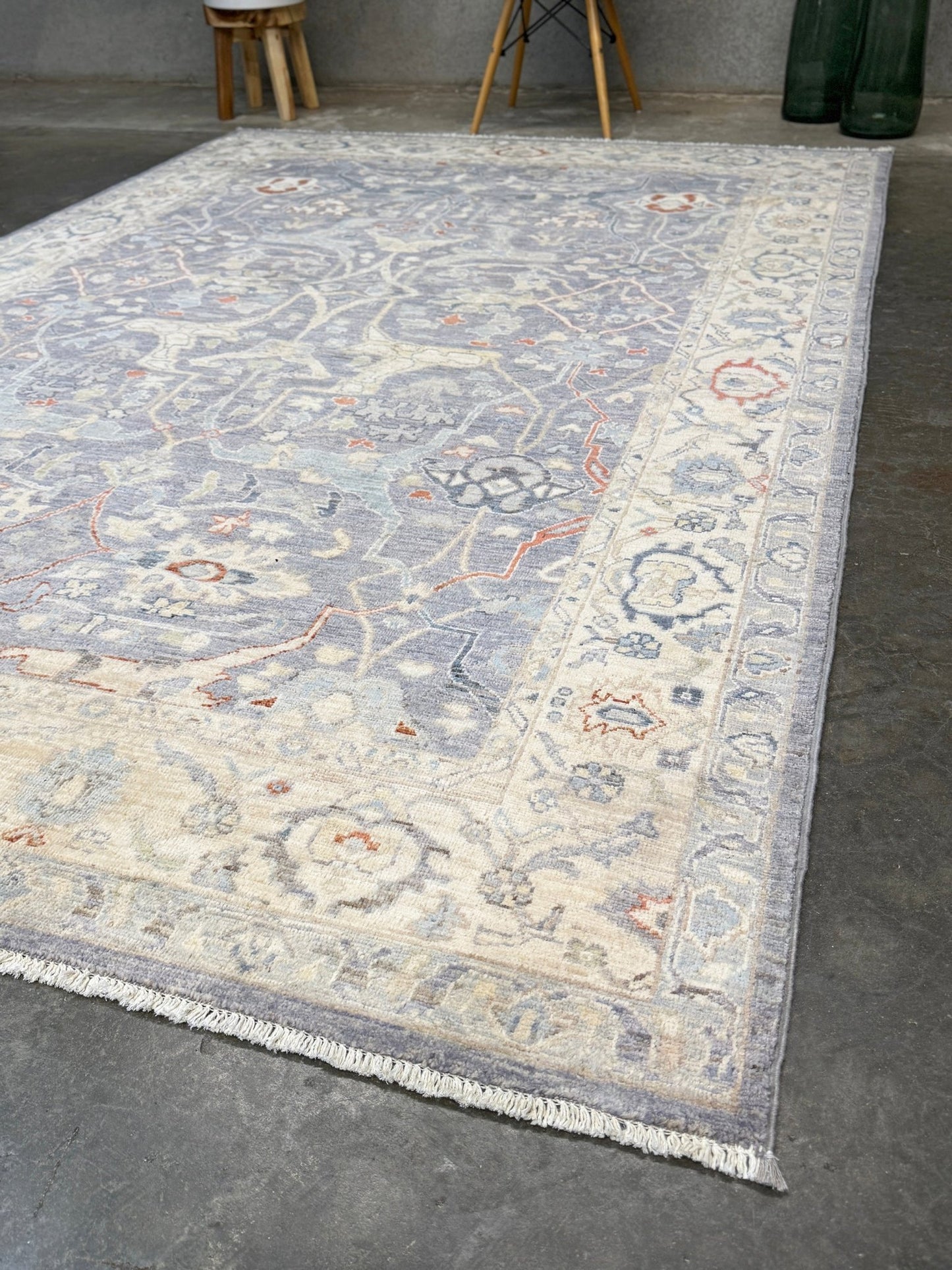 Neutral Handmade 6x9 Arabesque Bijar Persian rug in silvery gray with blue undertone, ivory vines, muted blue details, terracotta and rust highlights, and muted midnight blue outlines – transitional Persian wool rug for living room bedroom dining. Free shipping