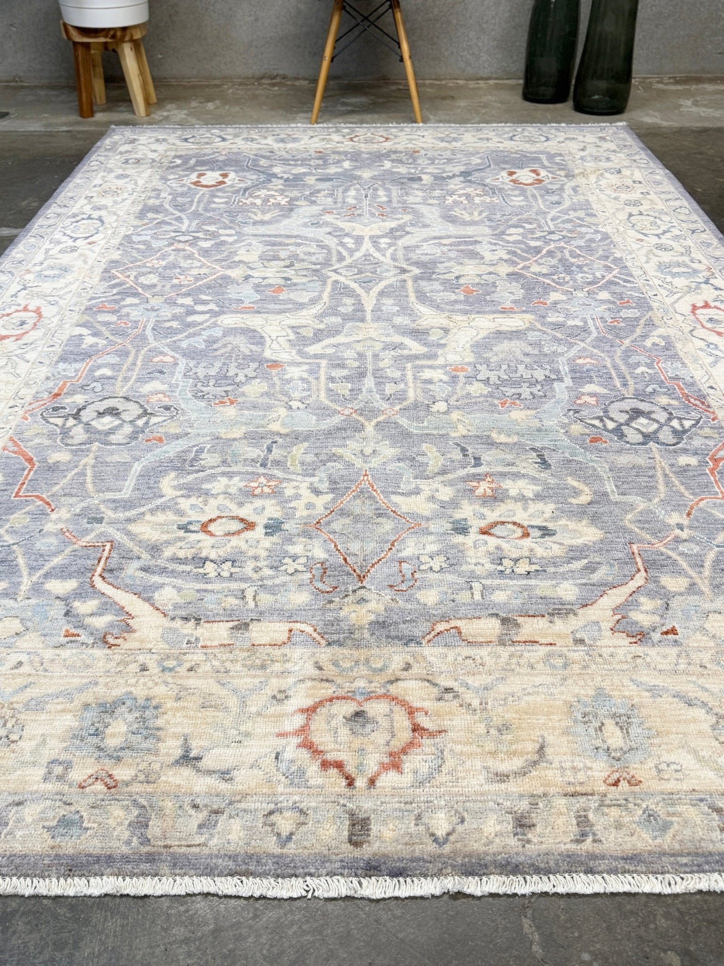 Neutral Handmade 6x9 Arabesque Bijar Persian rug in silvery gray with blue undertone, ivory vines, muted blue details, terracotta and rust highlights, and muted midnight blue outlines – transitional Persian wool rug for living room bedroom dining. Free shipping