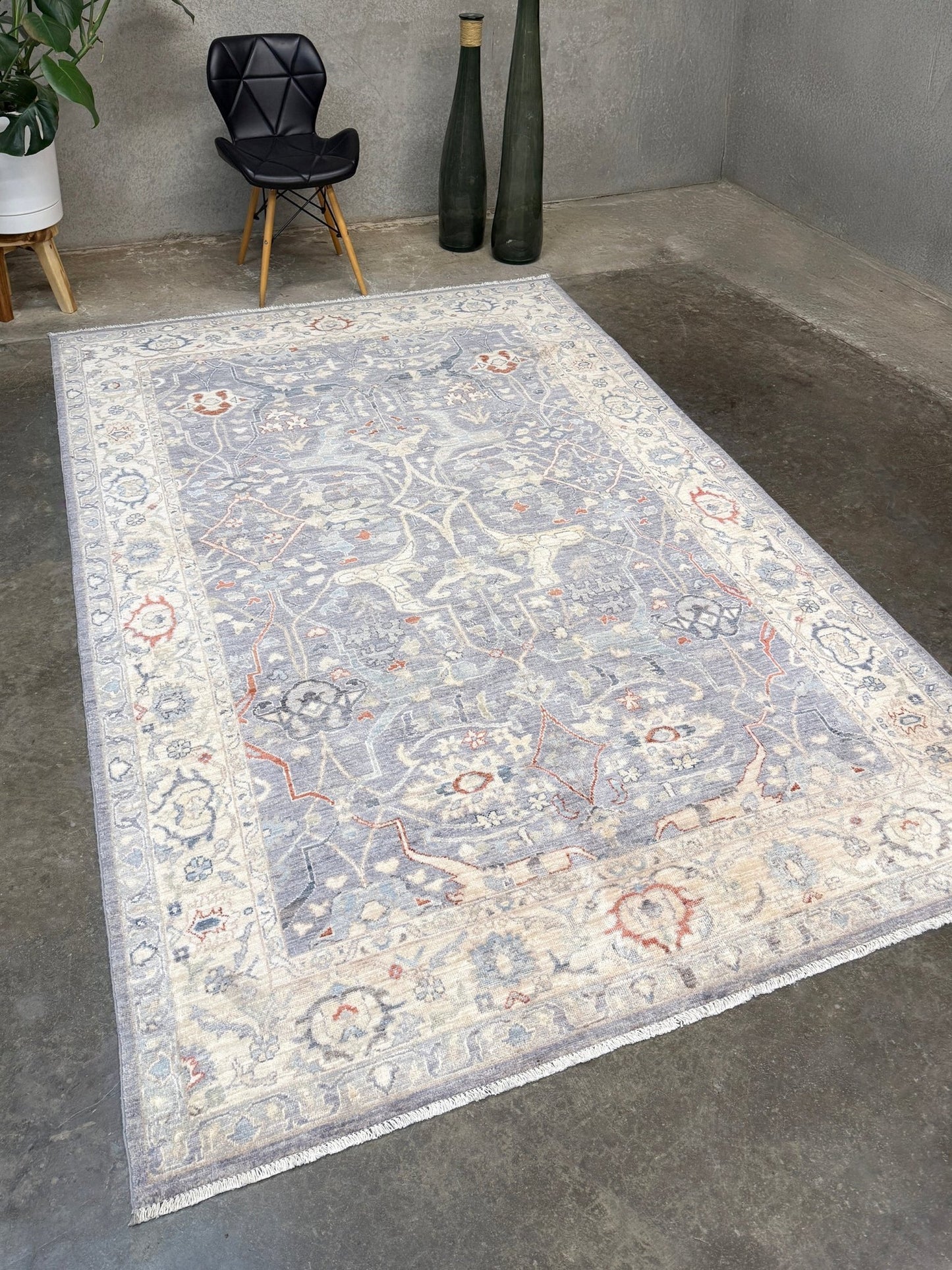 Neutral Handmade 6x9 Arabesque Bijar Persian rug in silvery gray with blue undertone, ivory vines, muted blue details, terracotta and rust highlights, and muted midnight blue outlines – transitional Persian wool rug for living room bedroom dining. Free shipping
