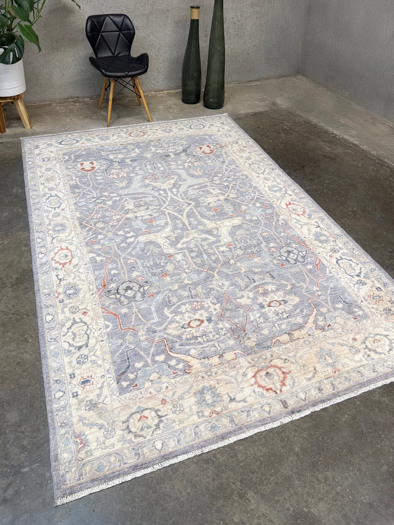 Neutral Handmade 6x9 Arabesque Bijar Persian rug in silvery gray with blue undertone, ivory vines, muted blue details, terracotta and rust highlights, and muted midnight blue outlines – transitional Persian wool rug for living room bedroom dining. Free shipping