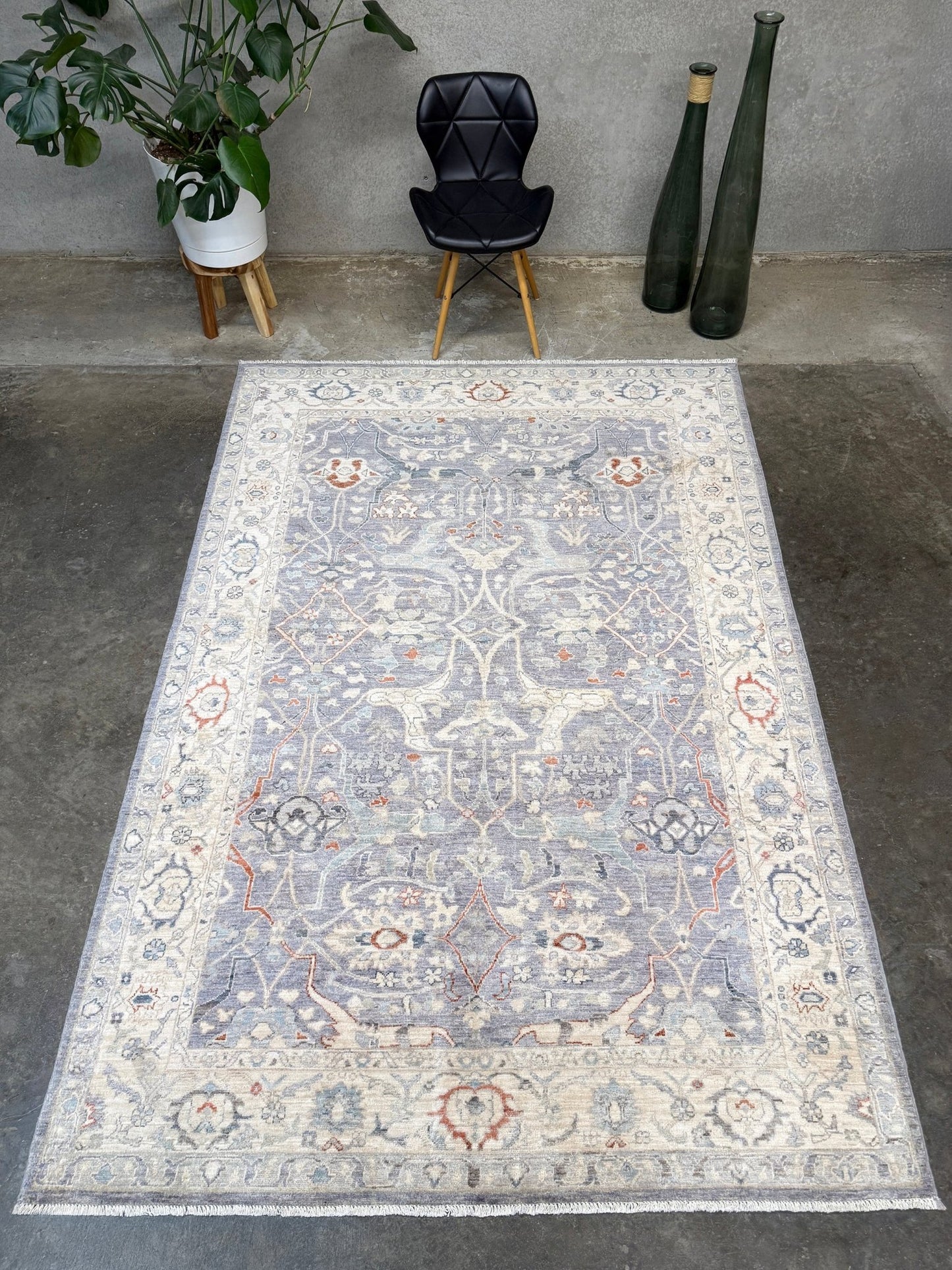 Neutral Handmade 6x9 Arabesque Bijar Persian rug in silvery gray with blue undertone, ivory vines, muted blue details, terracotta and rust highlights, and muted midnight blue outlines – transitional Persian wool rug for living room bedroom dining. Free shipping