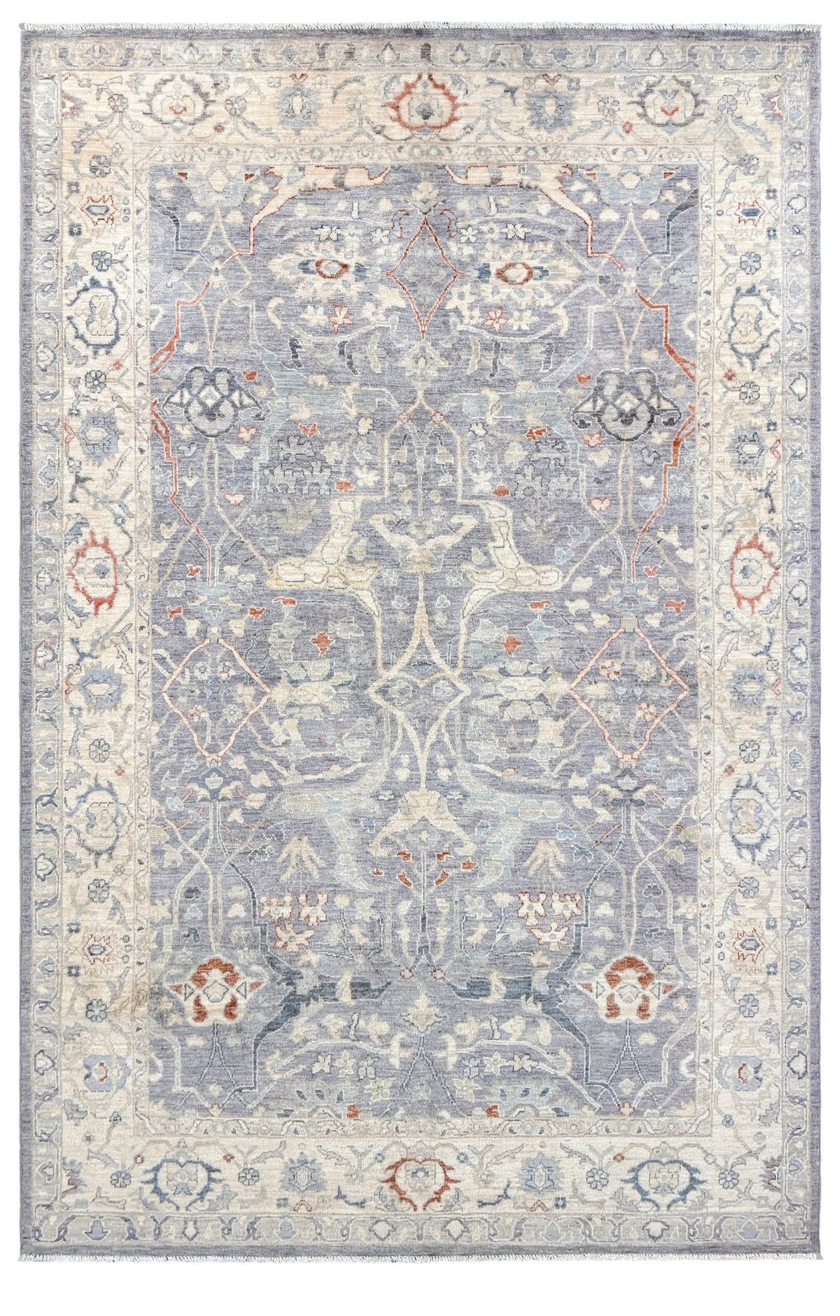 Neutral Handmade 6x9 Arabesque Bijar Persian rug in silvery gray with blue undertone, ivory vines, muted blue details, terracotta and rust highlights, and muted midnight blue outlines – transitional Persian wool rug for living room bedroom dining. Free shipping