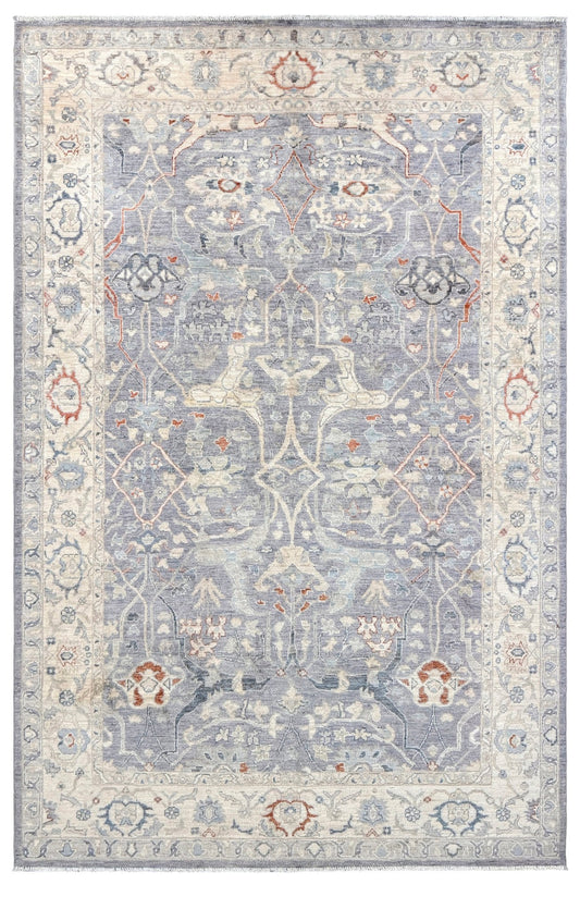 Neutral Handmade 6x9 Arabesque Bijar Persian rug in silvery gray with blue undertone, ivory vines, muted blue details, terracotta and rust highlights, and muted midnight blue outlines – transitional Persian wool rug for living room bedroom dining. Free shipping