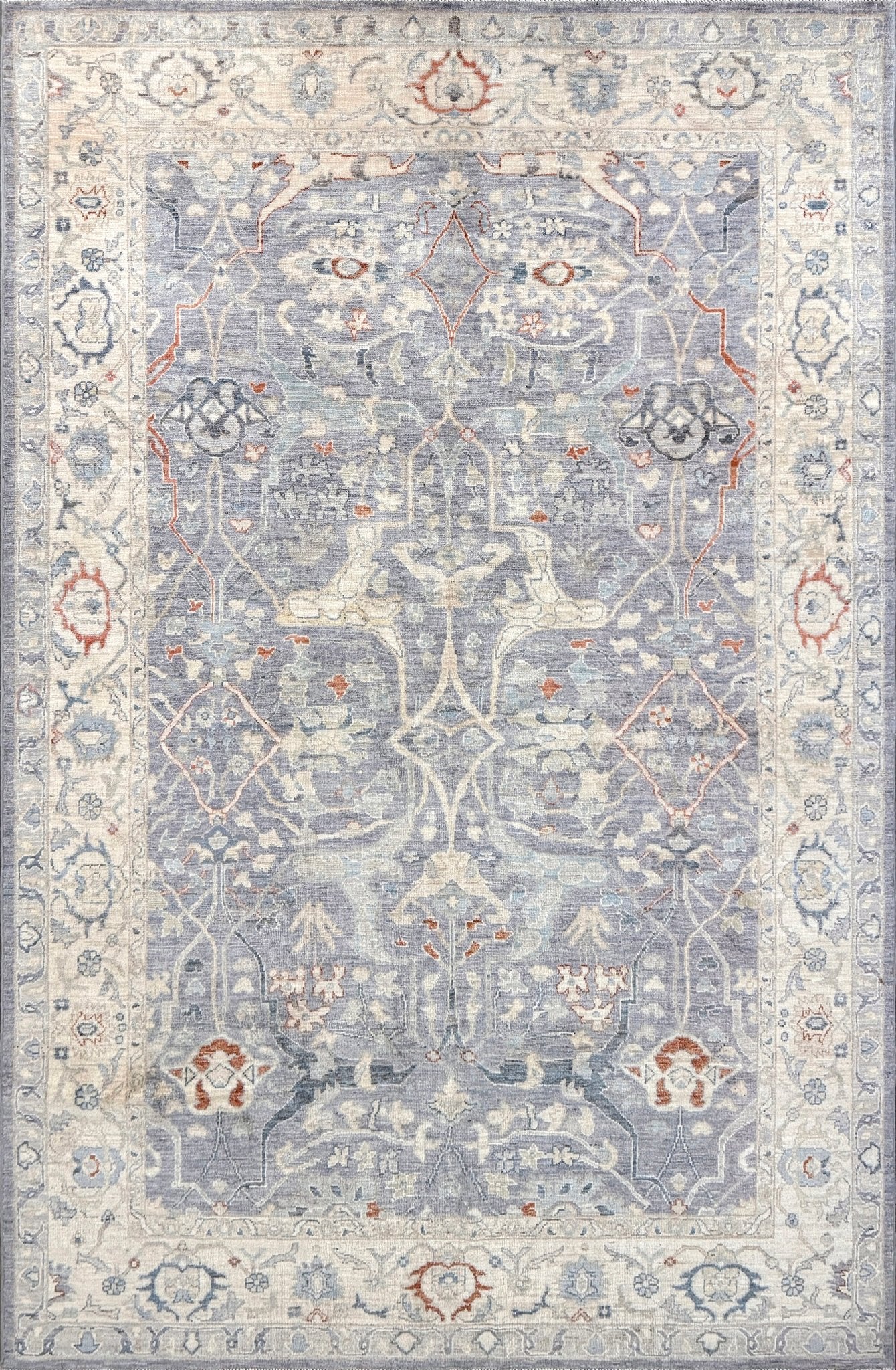 Neutral Handmade 6x9 Arabesque Bijar Persian rug in silvery gray with blue undertone, ivory vines, muted blue details, terracotta and rust highlights, and muted midnight blue outlines – transitional Persian wool rug for living room bedroom dining. Free shipping