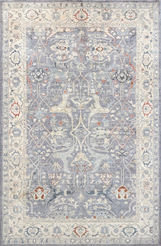 Neutral Handmade 6x9 Arabesque Bijar Persian rug in silvery gray with blue undertone, ivory vines, muted blue details, terracotta and rust highlights, and muted midnight blue outlines – transitional Persian wool rug for living room bedroom dining. Free shipping