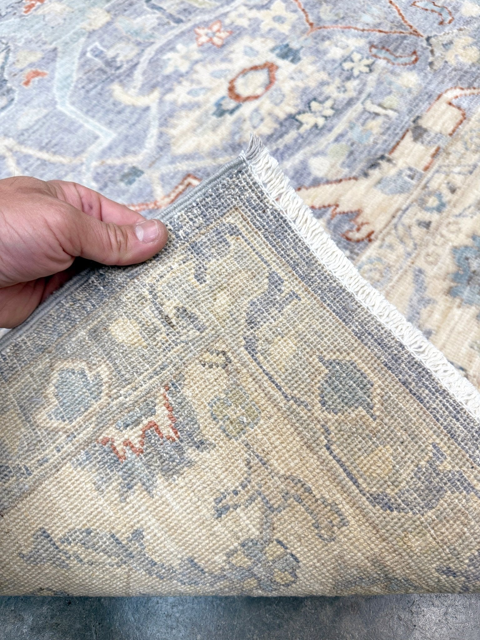 Neutral Handmade 6x9 Arabesque Bijar Persian rug in silvery gray with blue undertone, ivory vines, muted blue details, terracotta and rust highlights, and muted midnight blue outlines – transitional Persian wool rug for living room bedroom dining. Free shipping