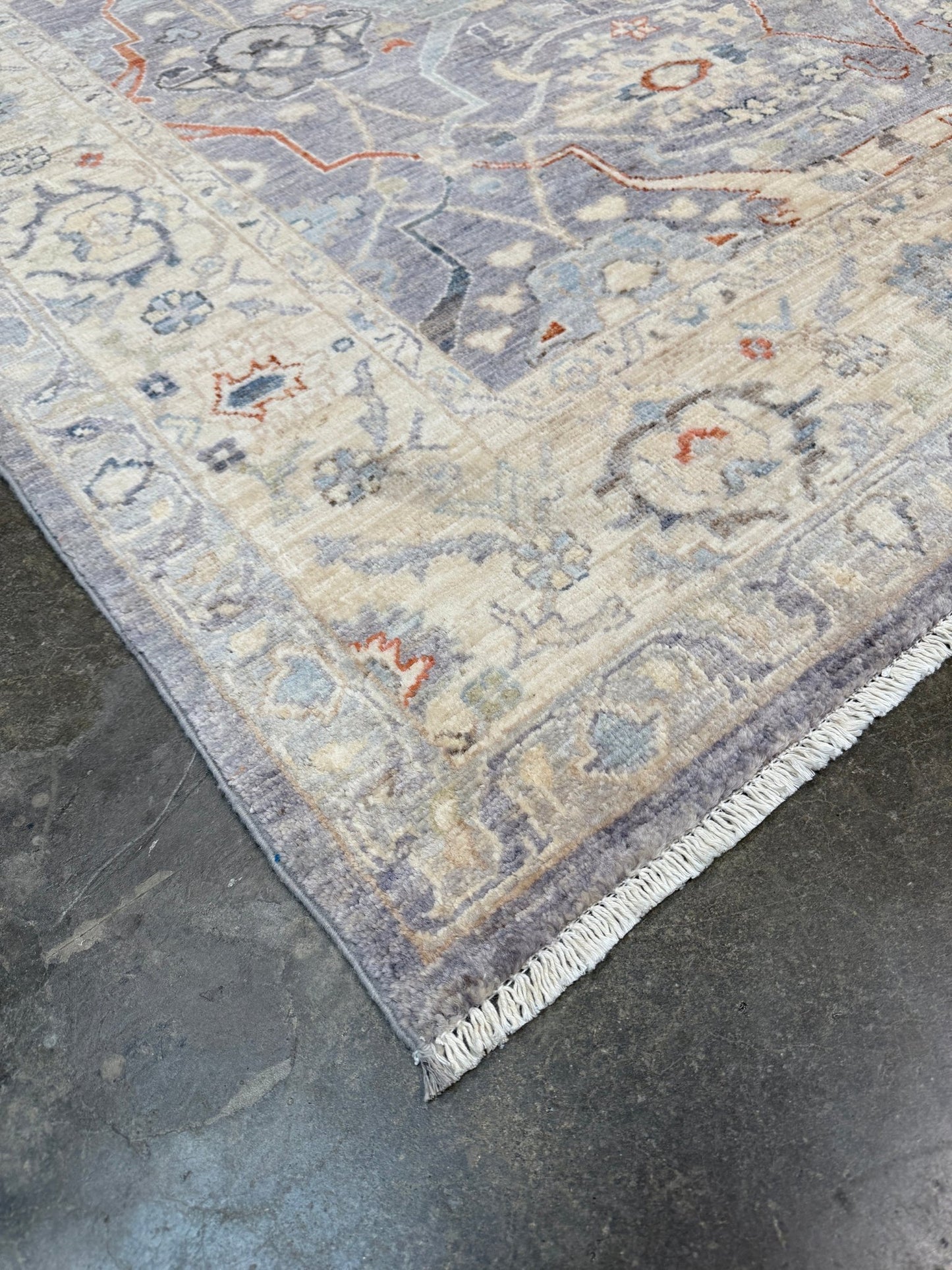 Neutral Handmade 6x9 Arabesque Bijar Persian rug in silvery gray with blue undertone, ivory vines, muted blue details, terracotta and rust highlights, and muted midnight blue outlines – transitional Persian wool rug for living room bedroom dining. Free shipping