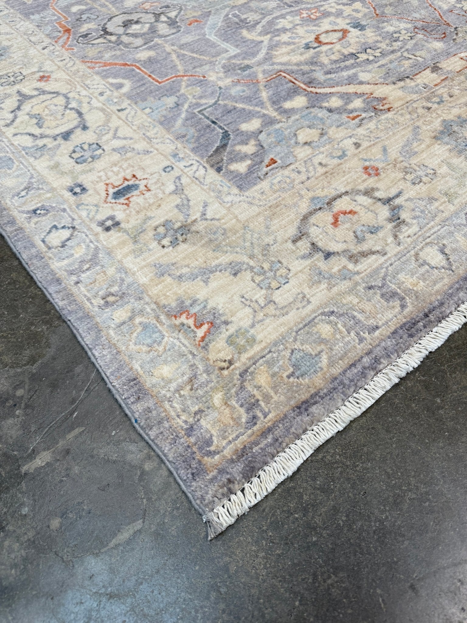 Neutral Handmade 6x9 Arabesque Bijar Persian rug in silvery gray with blue undertone, ivory vines, muted blue details, terracotta and rust highlights, and muted midnight blue outlines – transitional Persian wool rug for living room bedroom dining. Free shipping