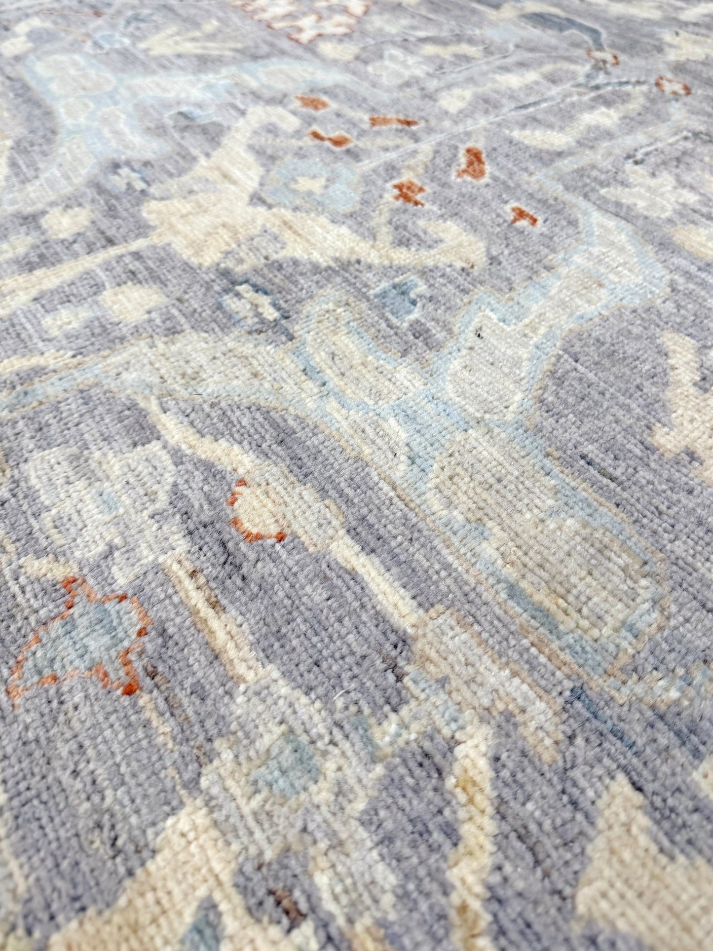 Neutral Handmade 6x9 Arabesque Bijar Persian rug in silvery gray with blue undertone, ivory vines, muted blue details, terracotta and rust highlights, and muted midnight blue outlines – transitional Persian wool rug for living room bedroom dining. Free shipping