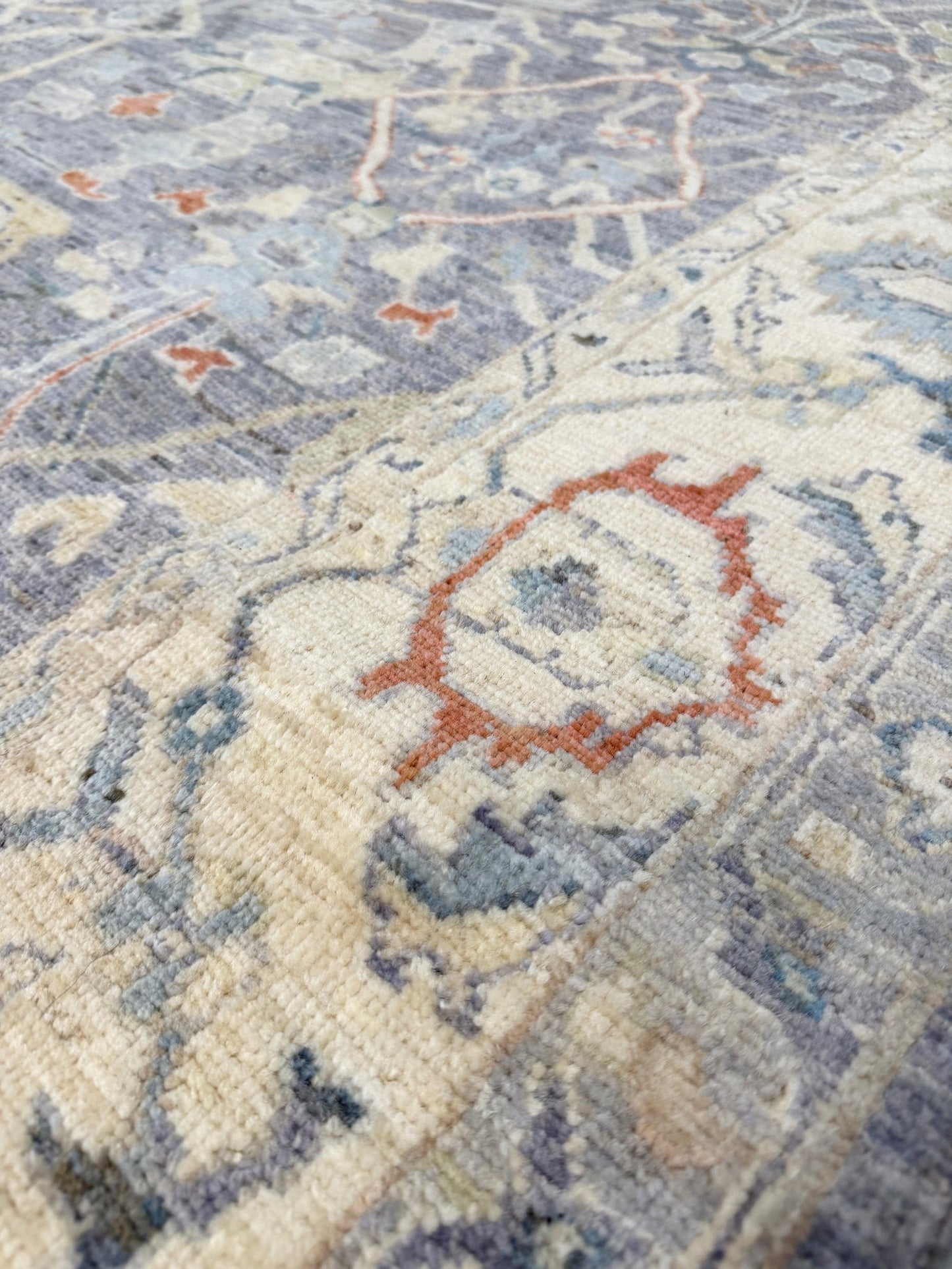 Neutral Handmade 6x9 Arabesque Bijar Persian rug in silvery gray with blue undertone, ivory vines, muted blue details, terracotta and rust highlights, and muted midnight blue outlines – transitional Persian wool rug for living room bedroom dining. Free shipping