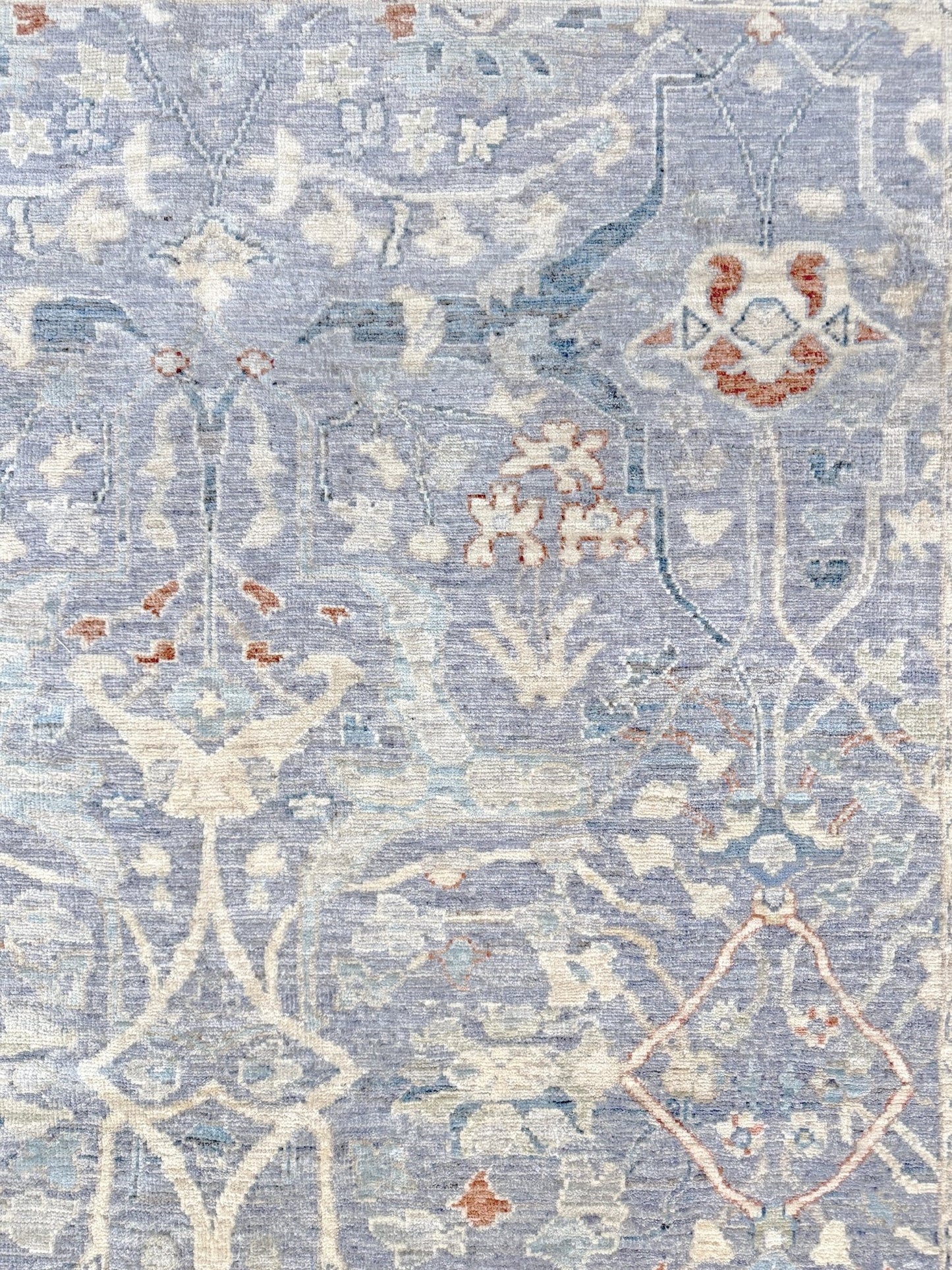 Neutral Handmade 6x9 Arabesque Bijar Persian rug in silvery gray with blue undertone, ivory vines, muted blue details, terracotta and rust highlights, and muted midnight blue outlines – transitional Persian wool rug for living room bedroom dining. Free shipping