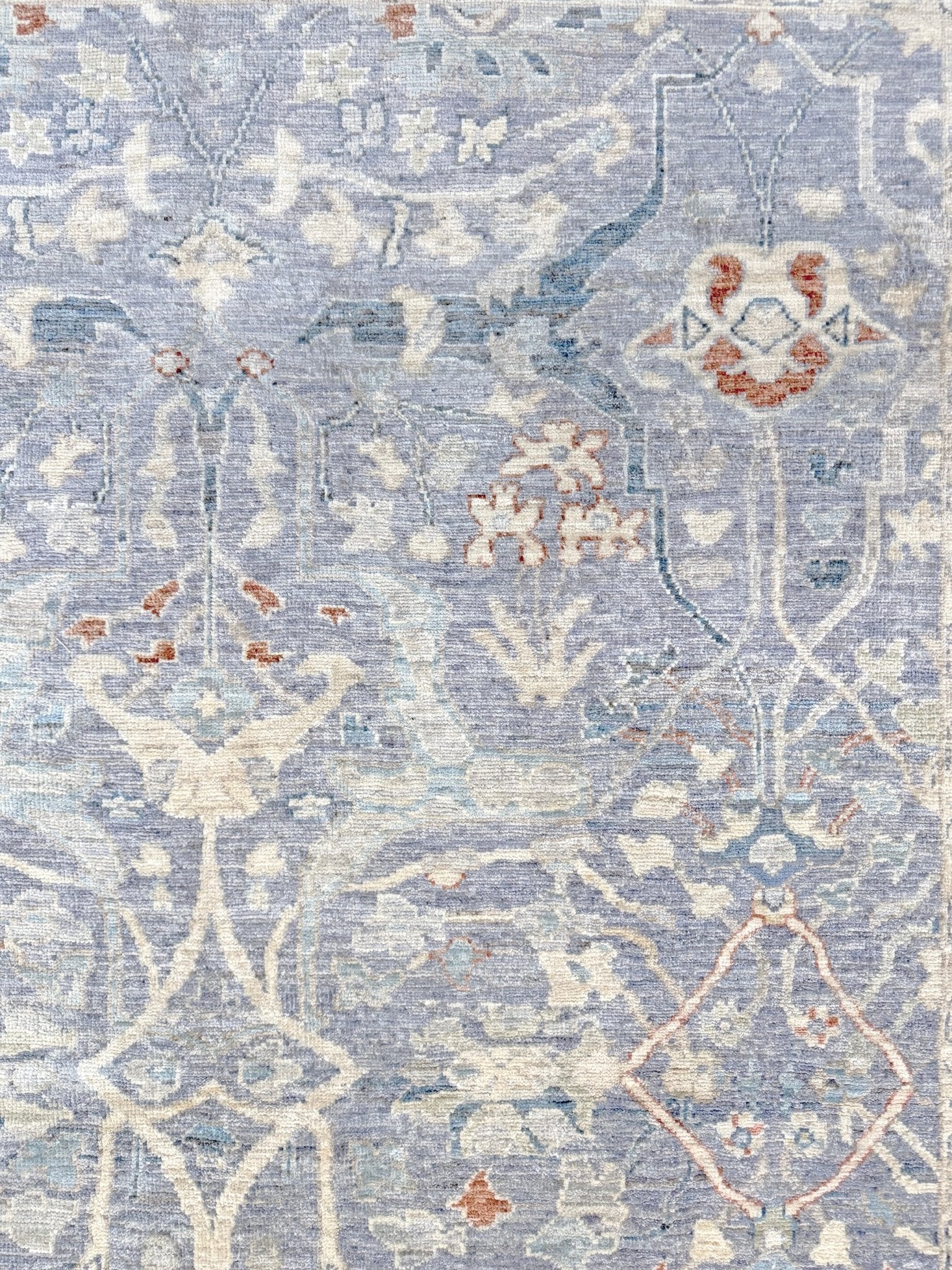Neutral Handmade 6x9 Arabesque Bijar Persian rug in silvery gray with blue undertone, ivory vines, muted blue details, terracotta and rust highlights, and muted midnight blue outlines – transitional Persian wool rug for living room bedroom dining. Free shipping