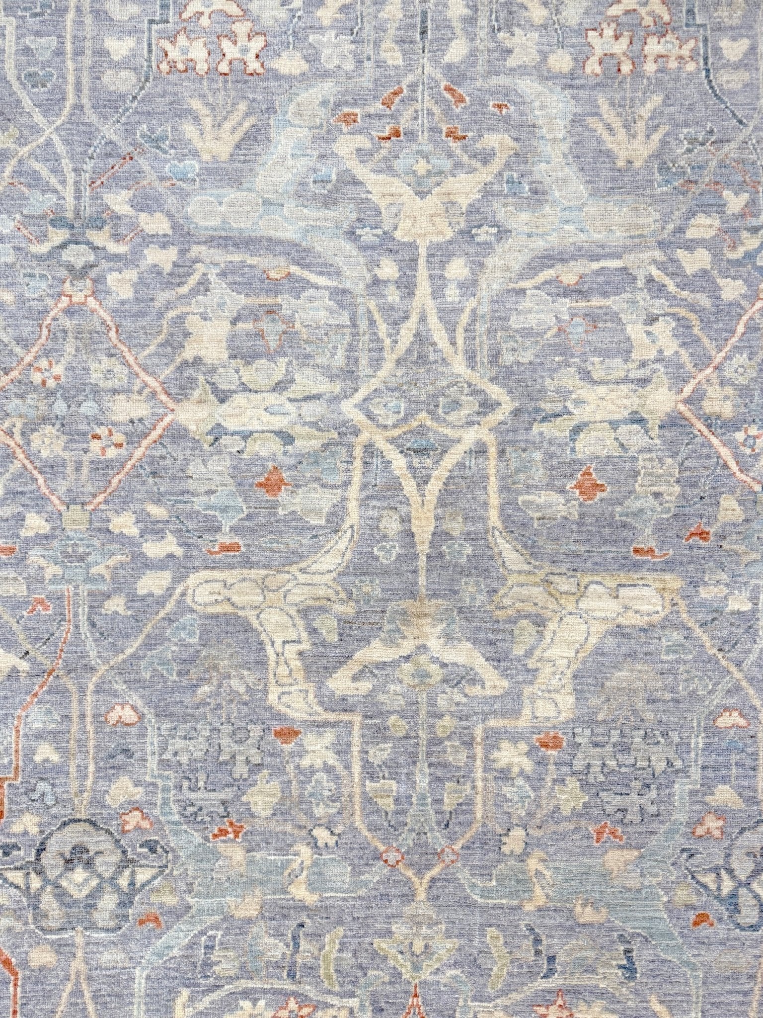 Neutral Handmade 6x9 Arabesque Bijar Persian rug in silvery gray with blue undertone, ivory vines, muted blue details, terracotta and rust highlights, and muted midnight blue outlines – transitional Persian wool rug for living room bedroom dining. Free shipping