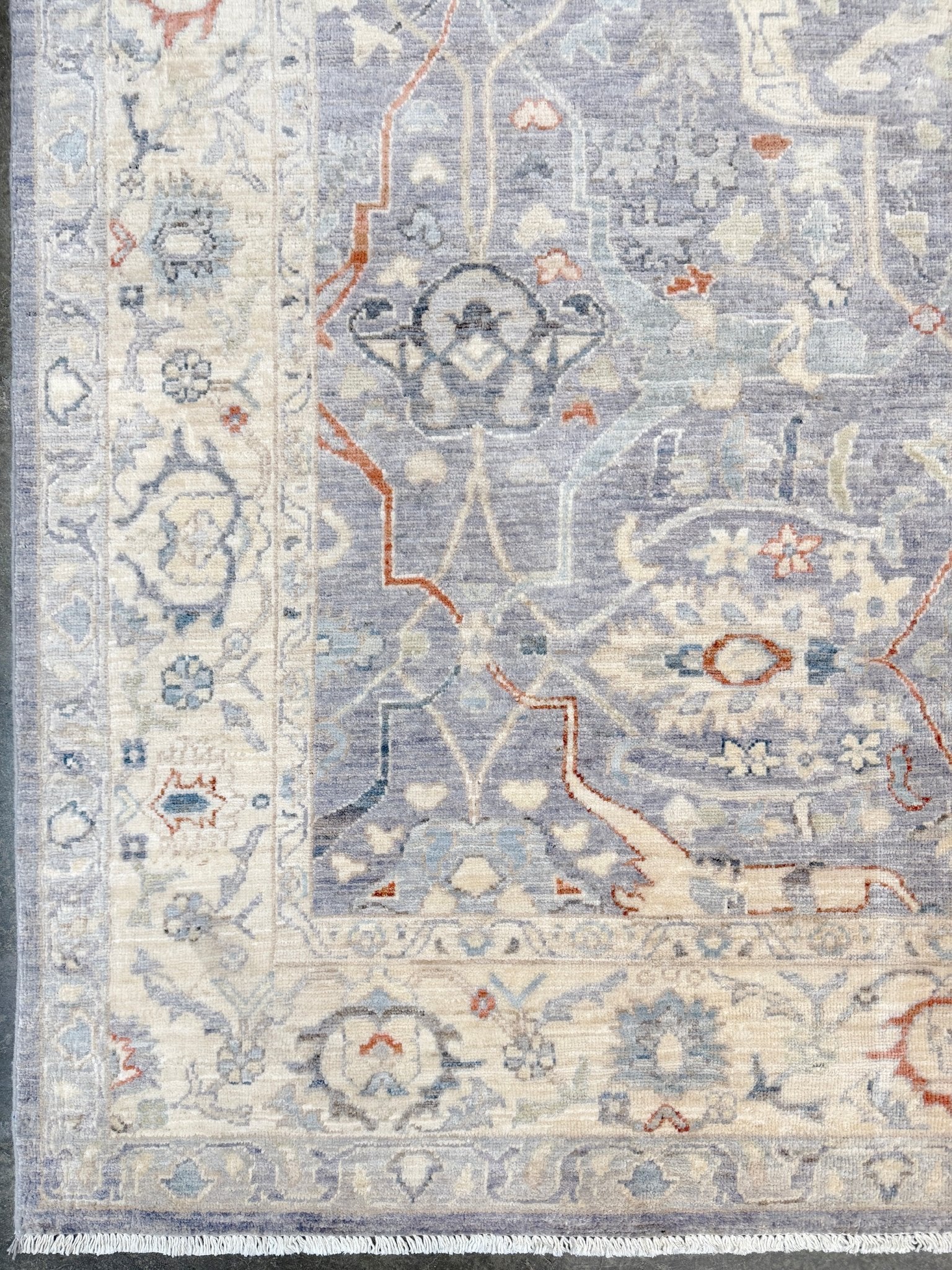 Neutral Handmade 6x9 Arabesque Bijar Persian rug in silvery gray with blue undertone, ivory vines, muted blue details, terracotta and rust highlights, and muted midnight blue outlines – transitional Persian wool rug for living room bedroom dining. Free shipping