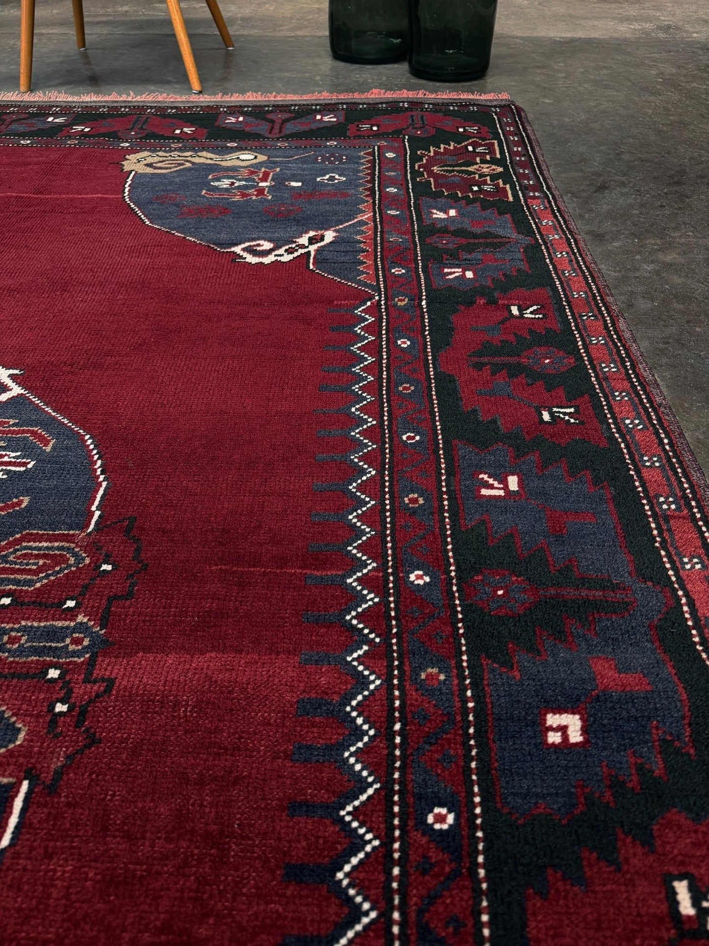 Antique kiz bergama turkish rug 6x8 deep madder red field indigo clue medallion anatolian village rug 1920s indigo rugs san francisco bay area