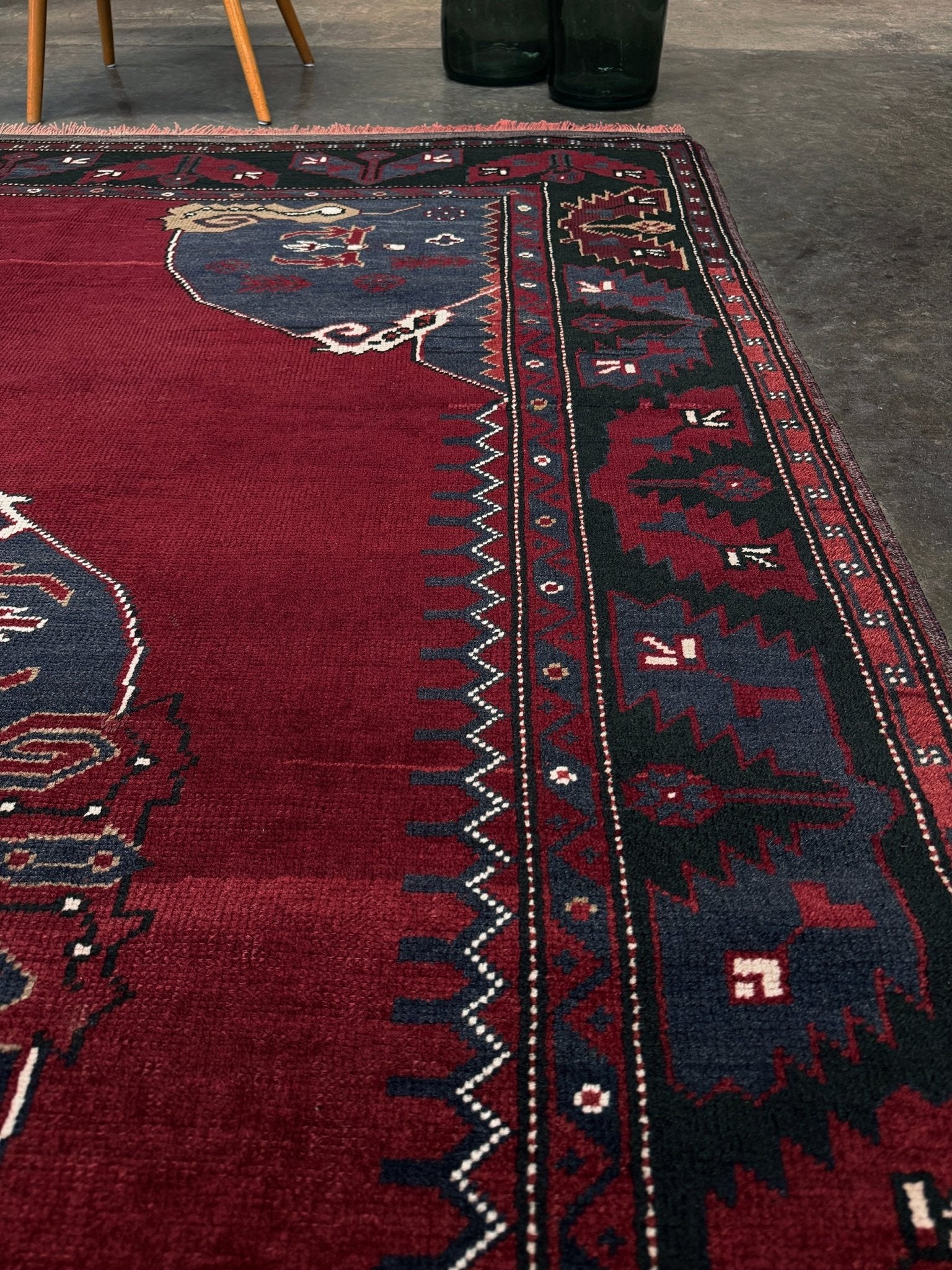 Antique kiz bergama turkish rug 6x8 deep madder red field indigo clue medallion anatolian village rug 1920s indigo rugs san francisco bay area