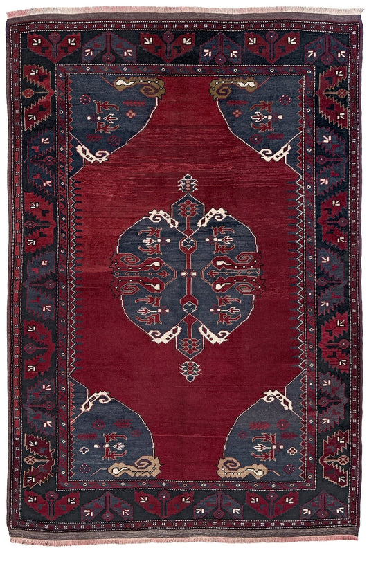 Antique kiz bergama turkish rug 6x8 deep madder red field indigo clue medallion anatolian village rug 1920s indigo rugs san francisco bay area