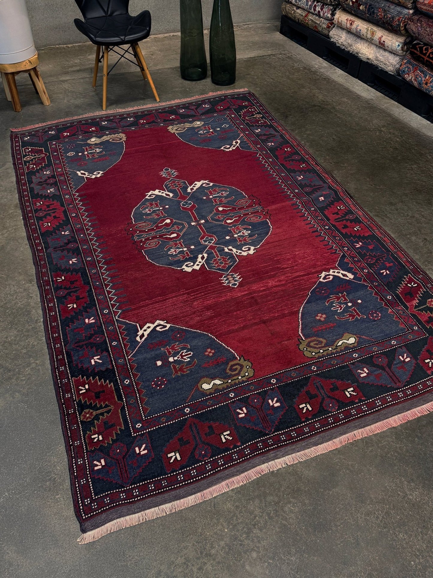 Antique kiz bergama turkish rug 6x8 deep madder red field indigo clue medallion anatolian village rug 1920s indigo rugs san francisco bay area