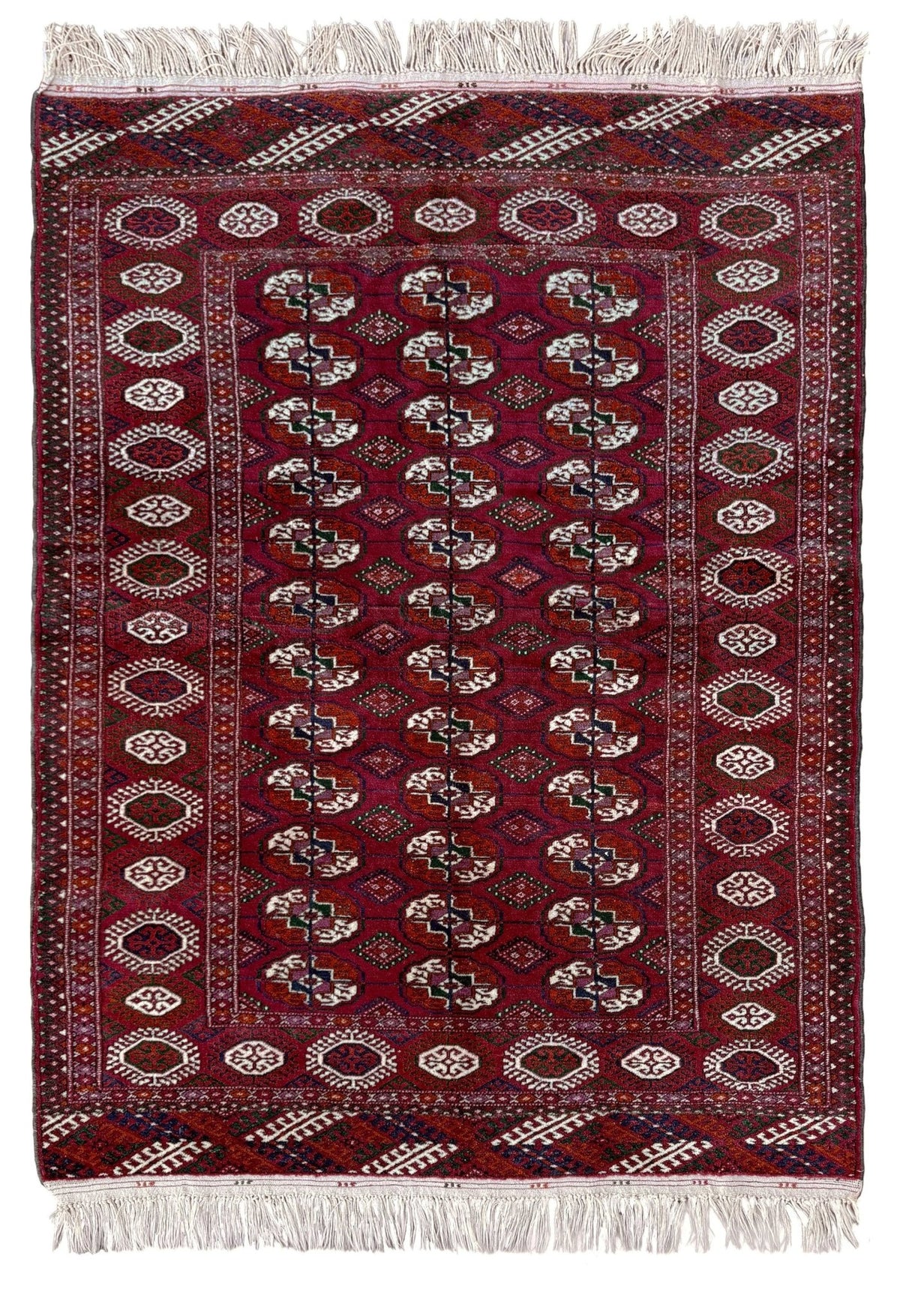 Vintage Turkmen Burgundy Bokhara rug 4x6 with repeating ivory gul motifs, velvety wool pile and classic tribal border. Hand-knotted wool scatter rug from Indigo Rugs, Burlingame — San Francisco Bay Area. Free shipping.