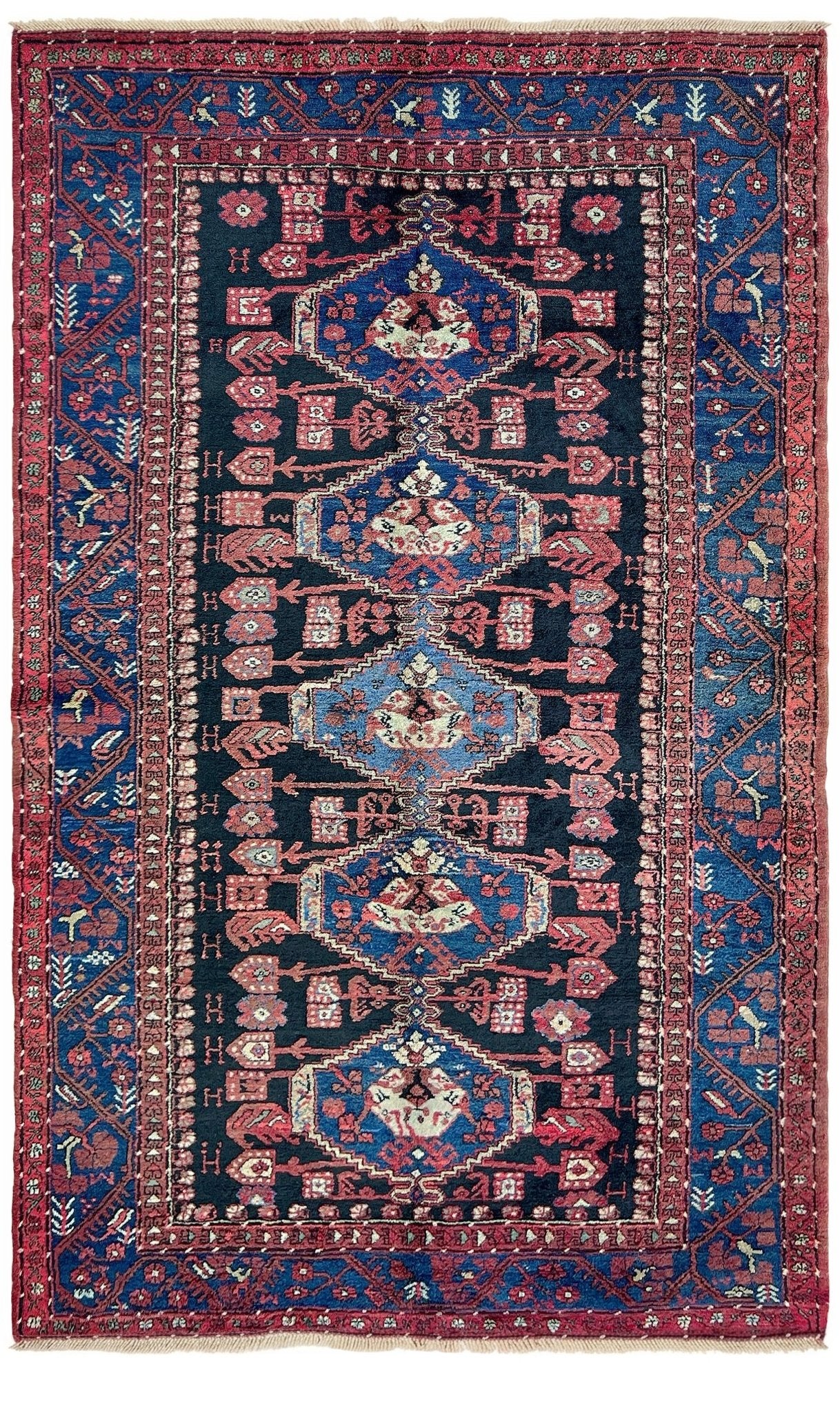 vintage Komurcu Kula Turkish rug with black brown field, madder red borders, handmade wool area rug 6x10 from Indigo Rugs Burlingame Bay Area.