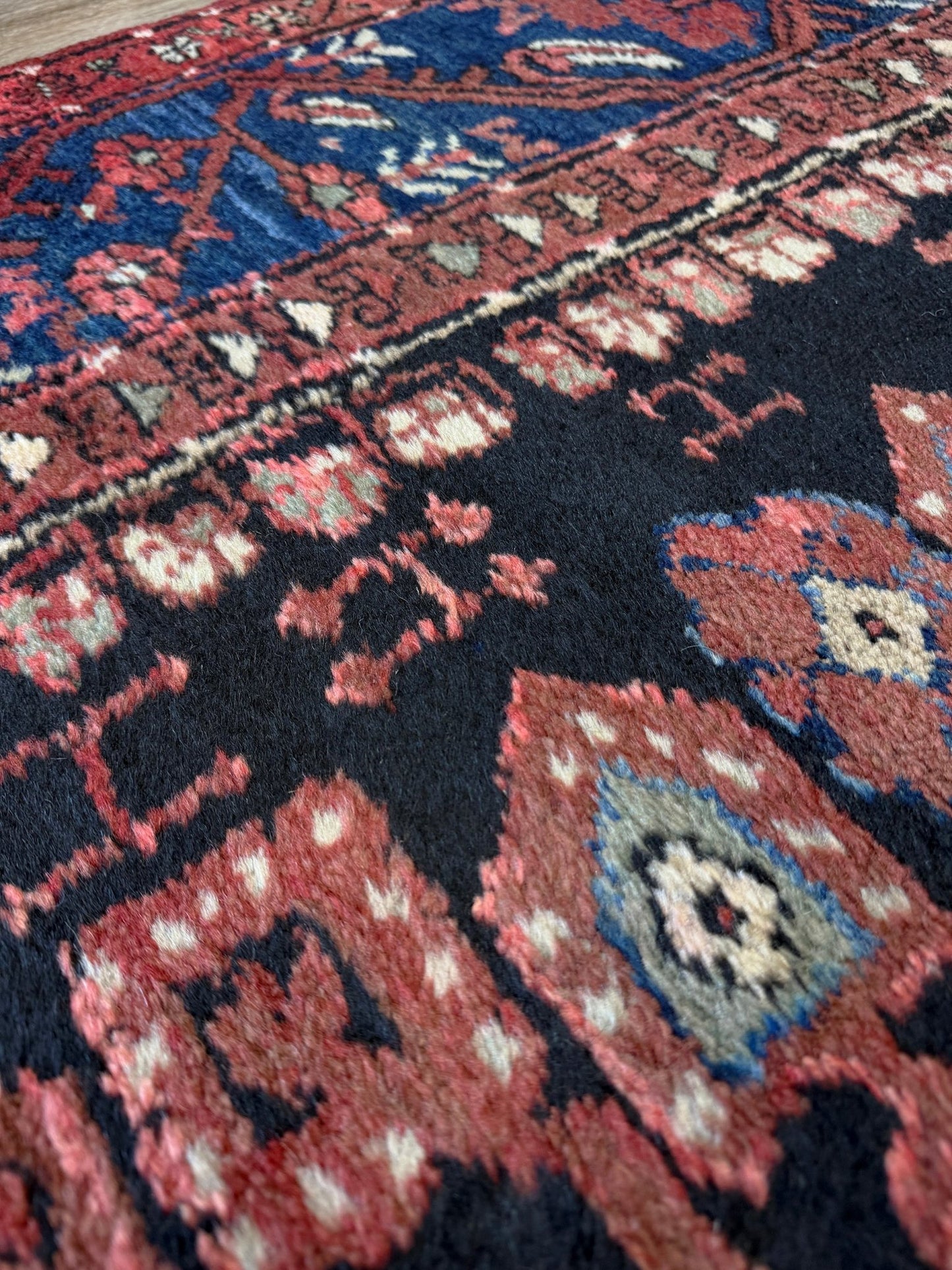vintage Komurcu Kula Turkish rug with black brown field, madder red borders, handmade wool area rug 6x10 from Indigo Rugs Burlingame Bay Area.