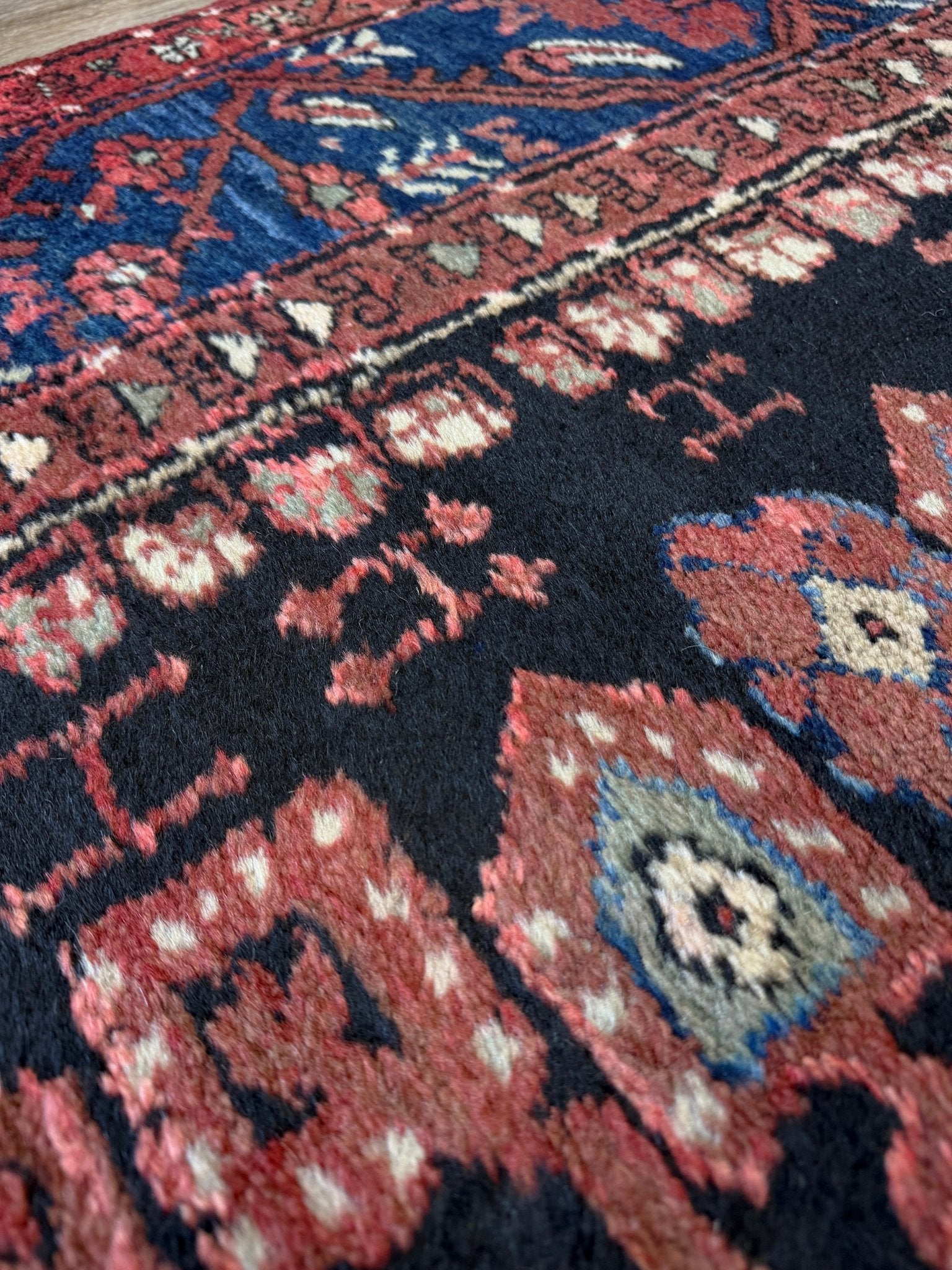vintage Komurcu Kula Turkish rug with black brown field, madder red borders, handmade wool area rug 6x10 from Indigo Rugs Burlingame Bay Area.